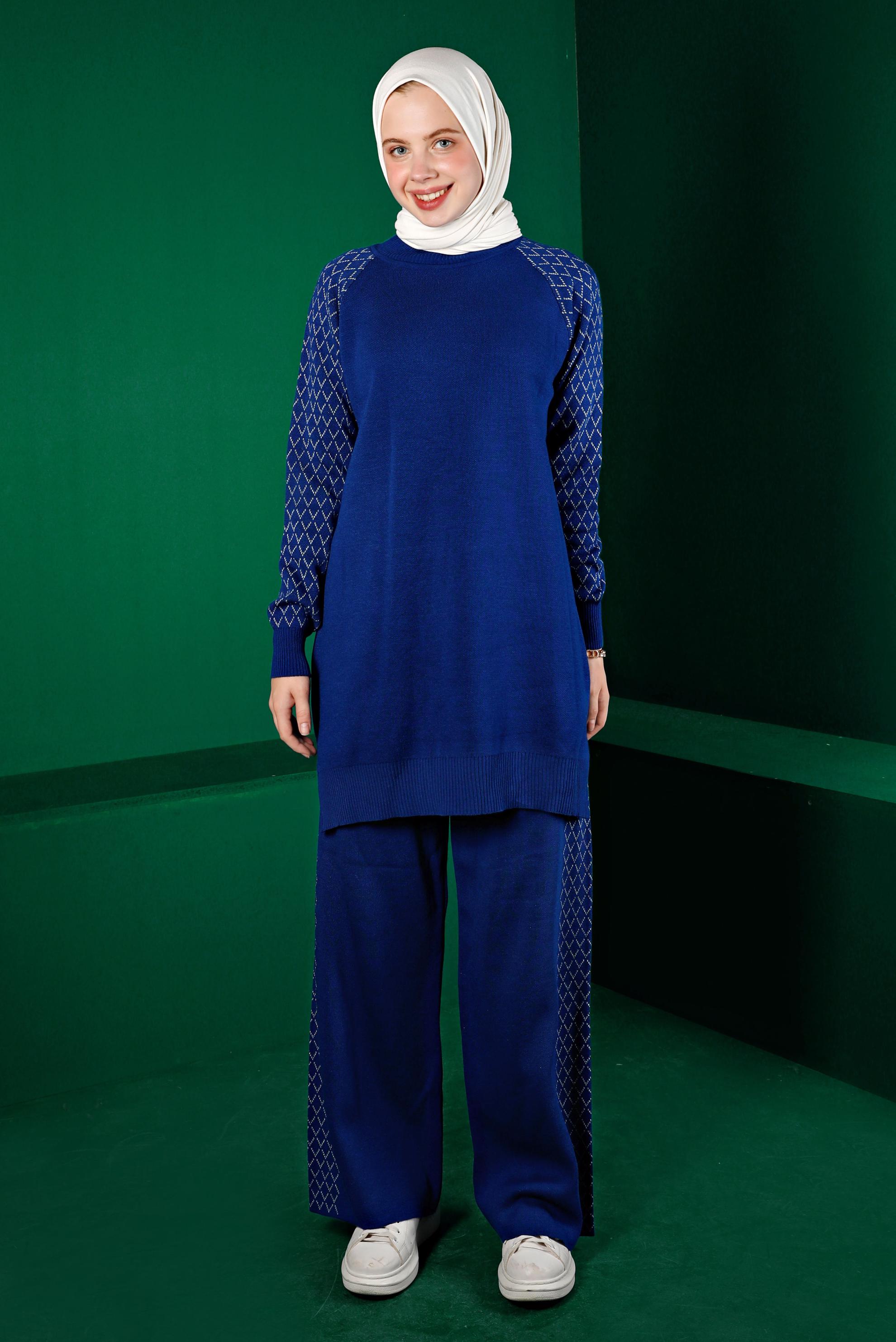 Tesettür giyim MAVİ DESENLİ İKİLİ TRİKO PANT. TAKIM 43218 