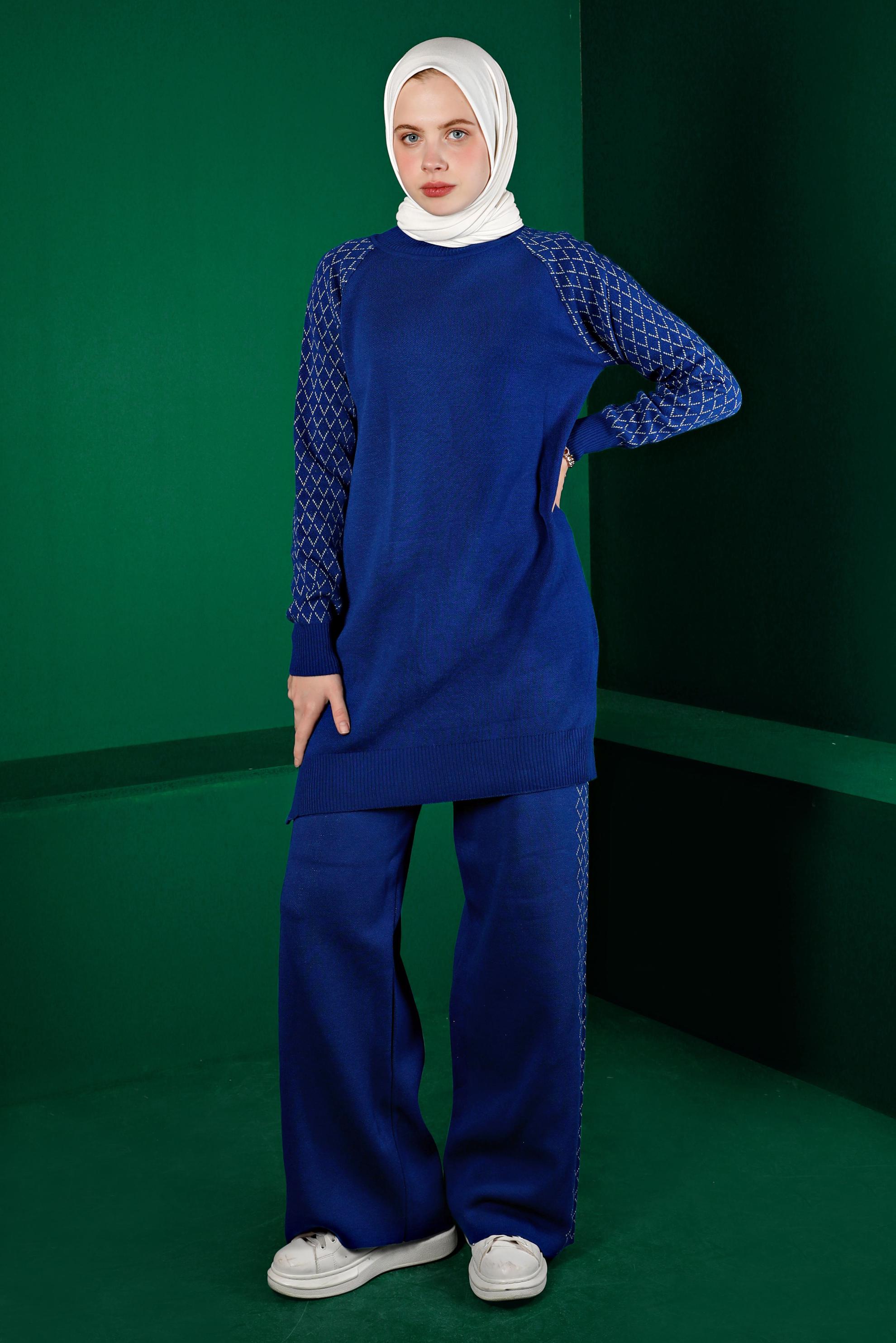 Tesettür giyim MAVİ DESENLİ İKİLİ TRİKO PANT. TAKIM 43218 