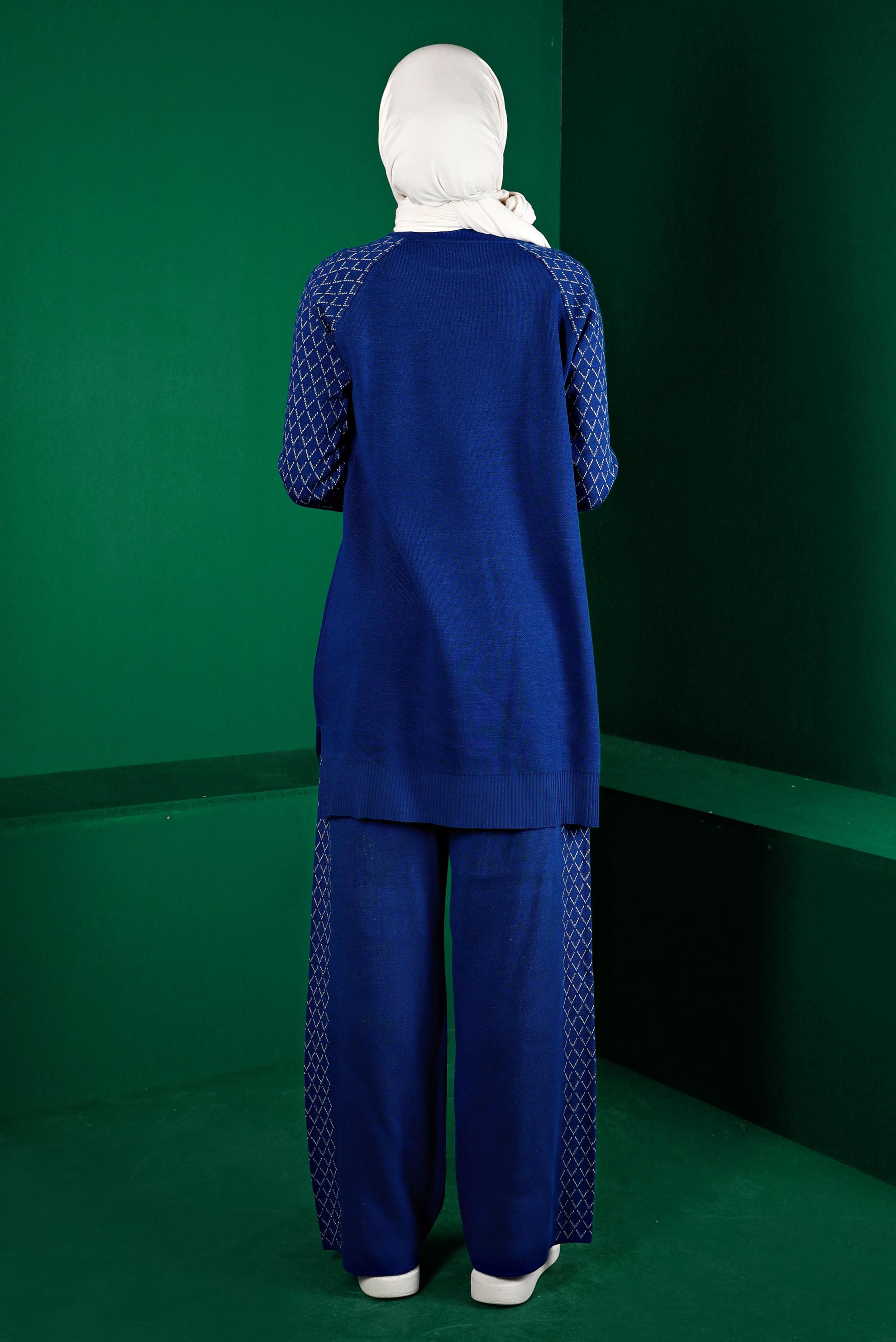 Tesettür giyim MAVİ DESENLİ İKİLİ TRİKO PANT. TAKIM 43218 