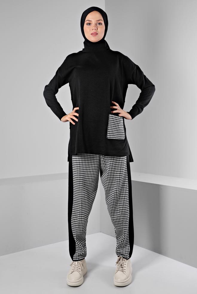 Tesettür giyim  DESENLİ CEPLİ İKİLİ TRİKO PANT. TAKIM 43221  - ALVİNA