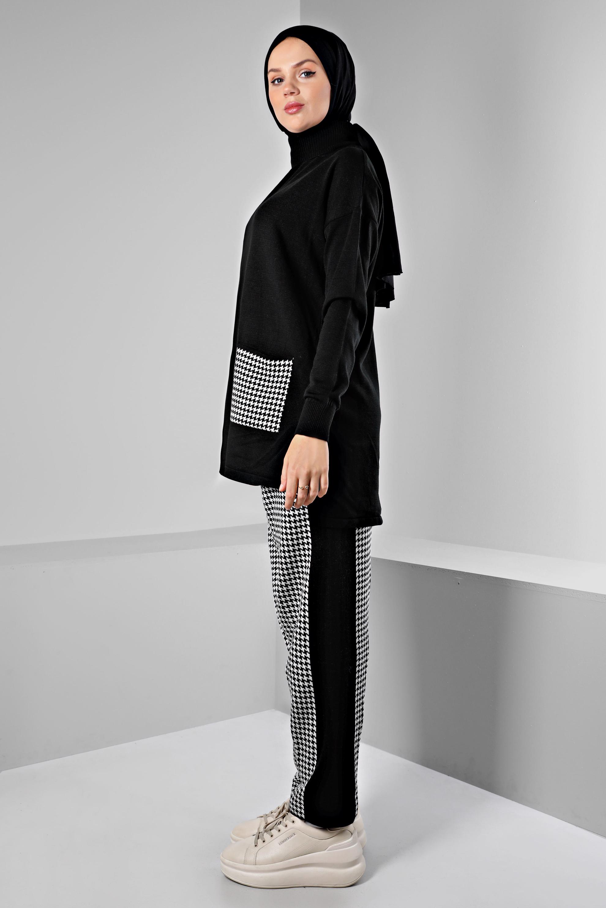 Tesettür giyim SİYAH DESENLİ CEPLİ İKİLİ TRİKO PANT. TAKIM 43221 