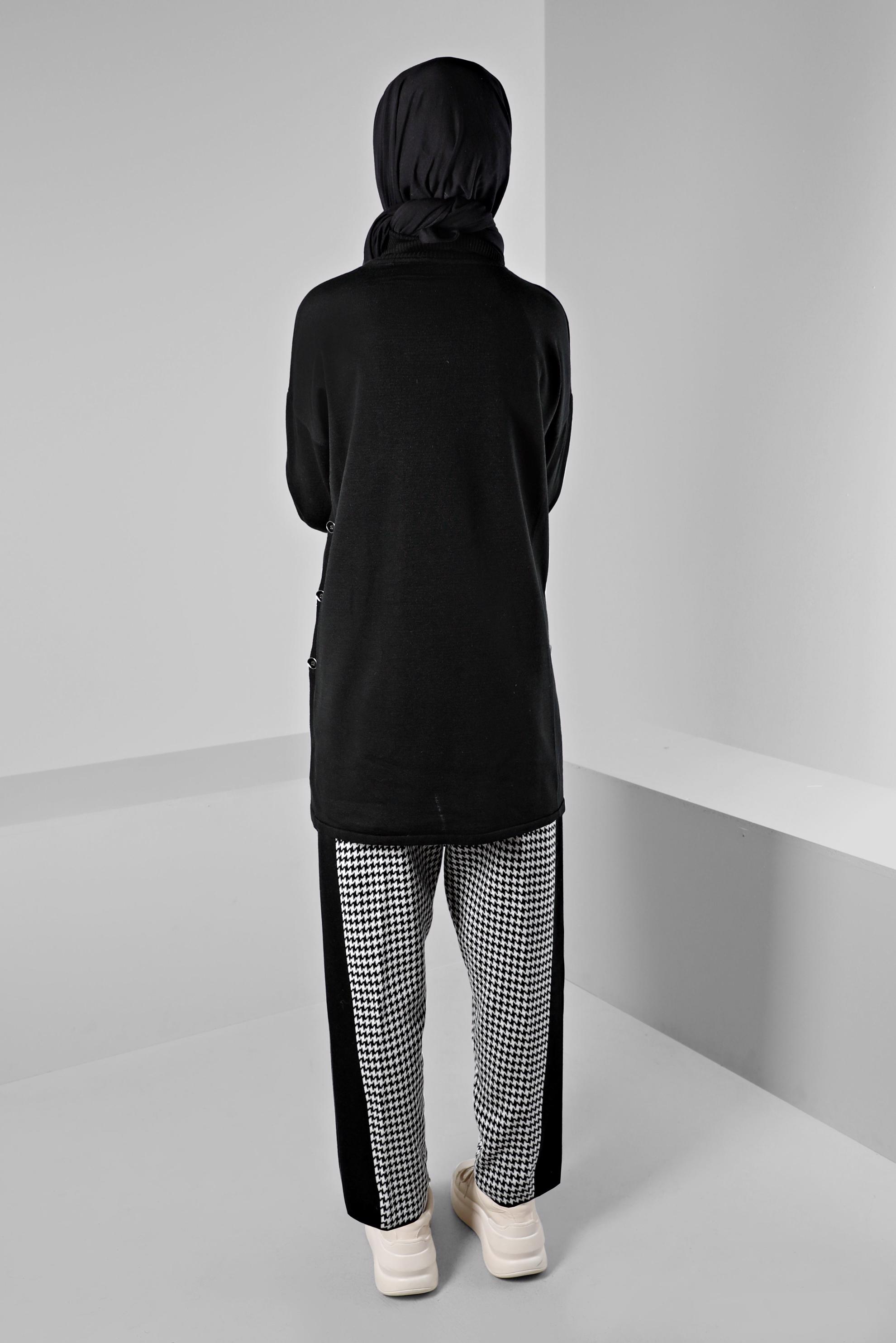 Tesettür giyim SİYAH DESENLİ CEPLİ İKİLİ TRİKO PANT. TAKIM 43221 