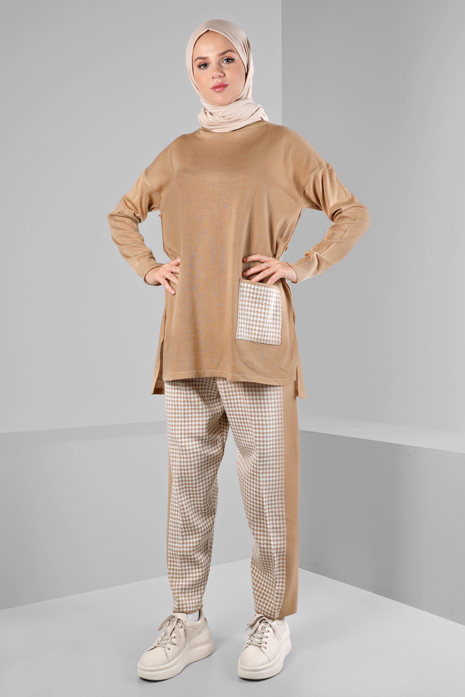 Tesettür giyim KAHVE DESENLİ CEPLİ İKİLİ TRİKO PANT. TAKIM 43221 