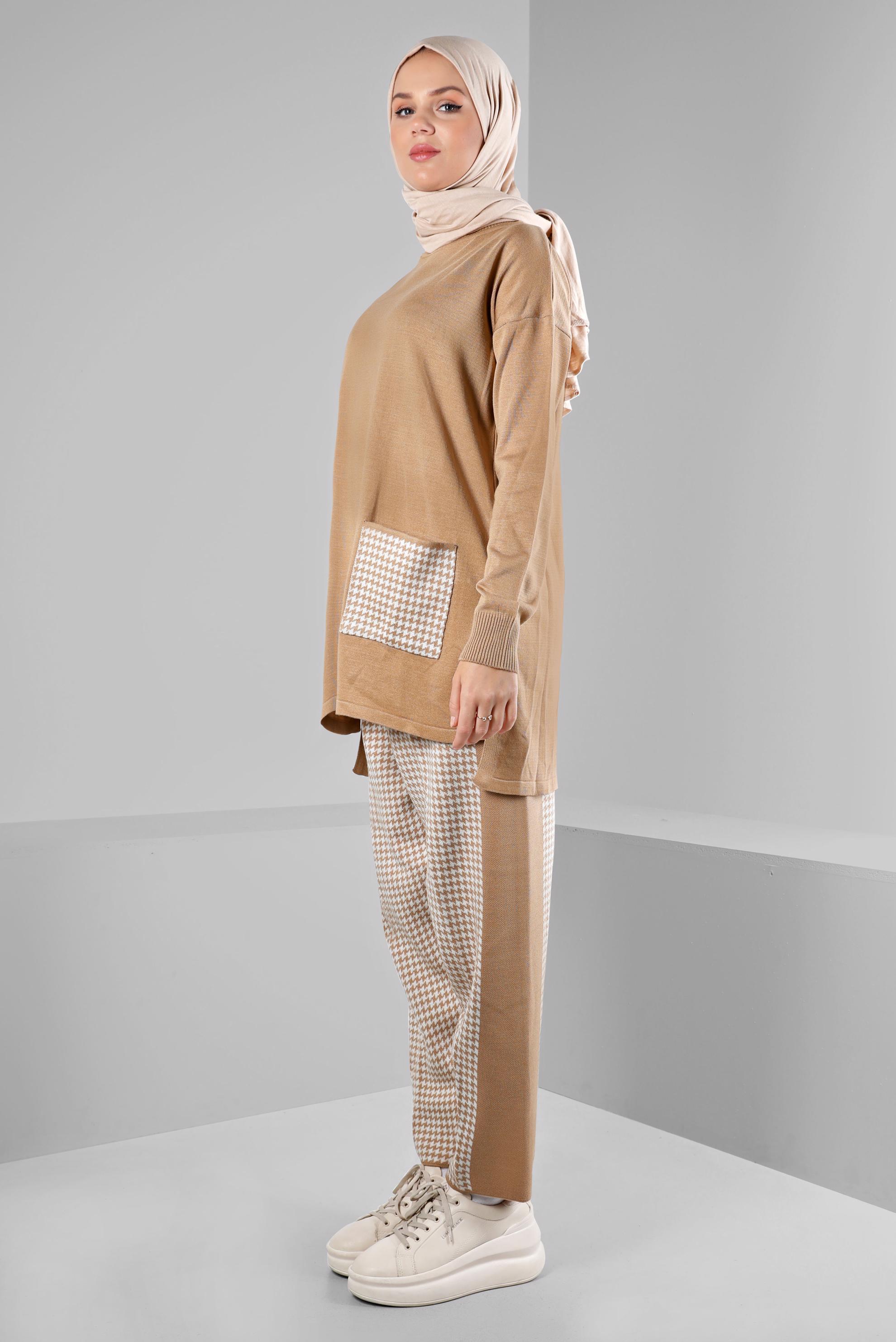 Tesettür giyim KAHVE DESENLİ CEPLİ İKİLİ TRİKO PANT. TAKIM 43221 