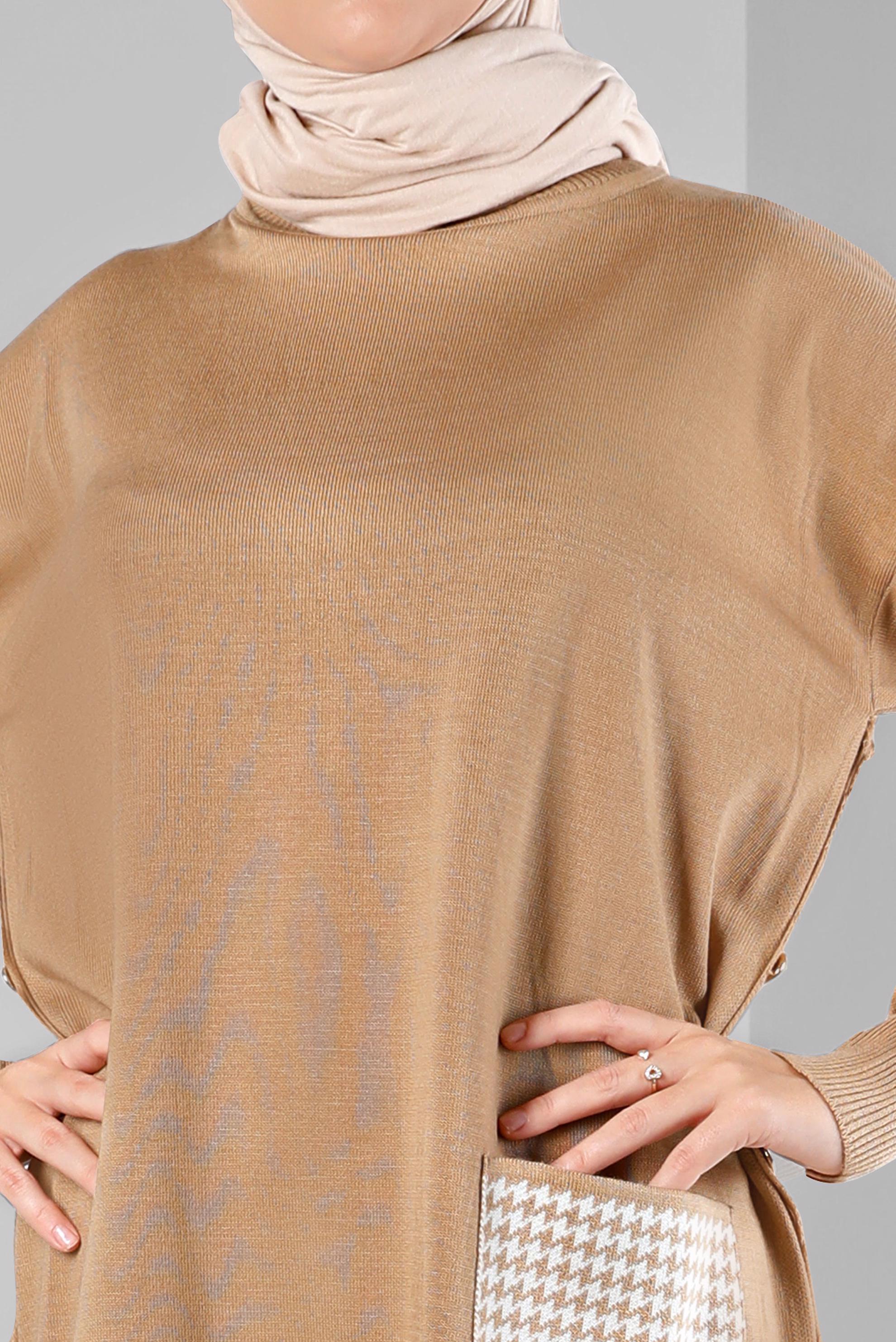 Tesettür giyim KAHVE DESENLİ CEPLİ İKİLİ TRİKO PANT. TAKIM 43221 