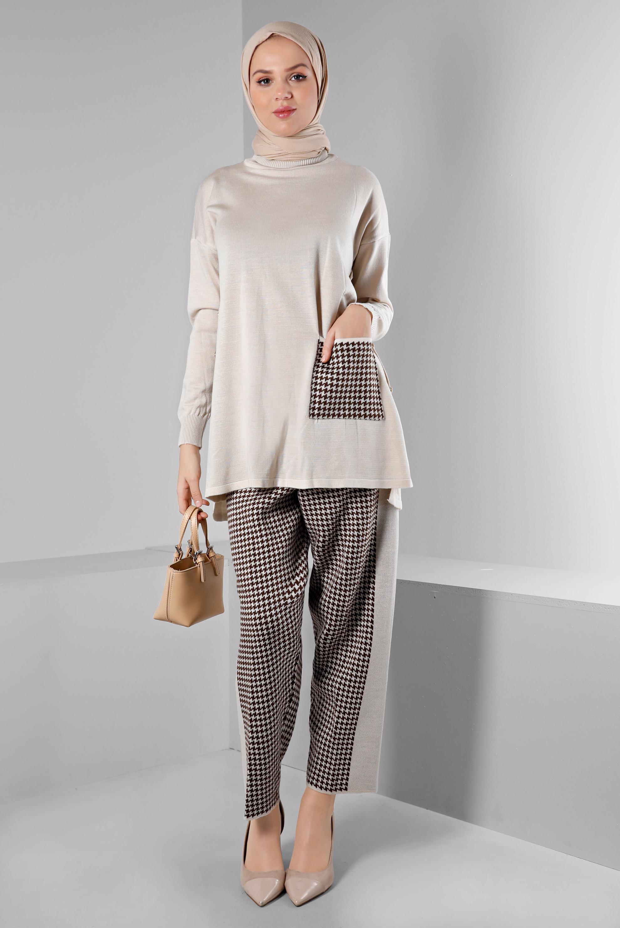 Tesettür giyim BEJ DESENLİ CEPLİ İKİLİ TRİKO PANT. TAKIM 43221 