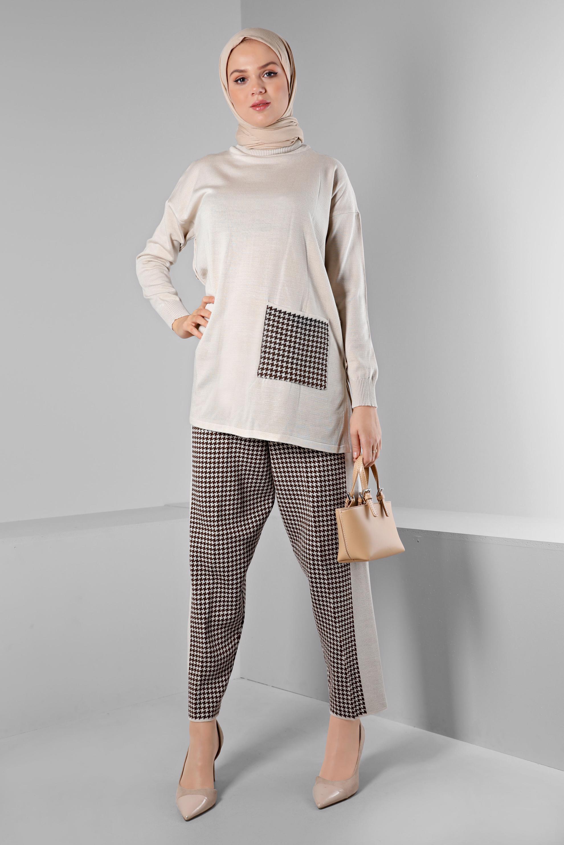 Tesettür giyim BEJ DESENLİ CEPLİ İKİLİ TRİKO PANT. TAKIM 43221 
