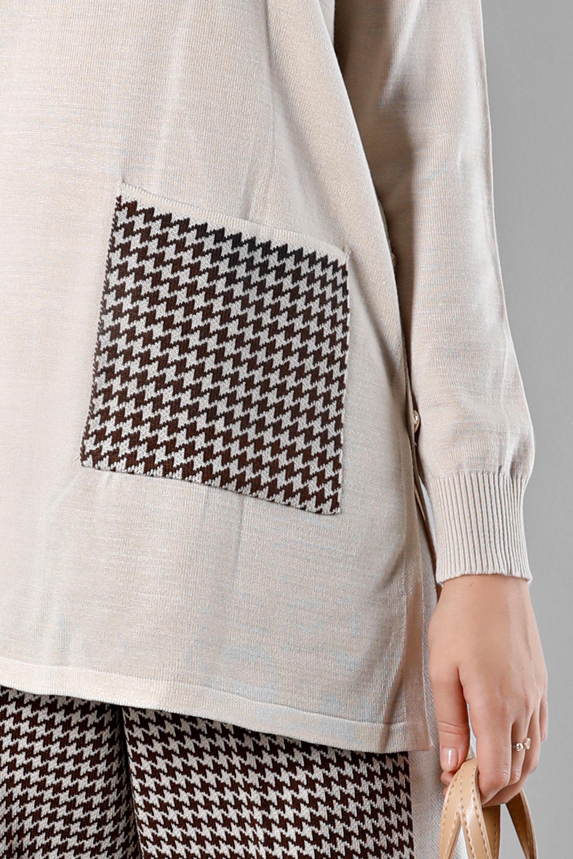 Tesettür giyim BEJ DESENLİ CEPLİ İKİLİ TRİKO PANT. TAKIM 43221 