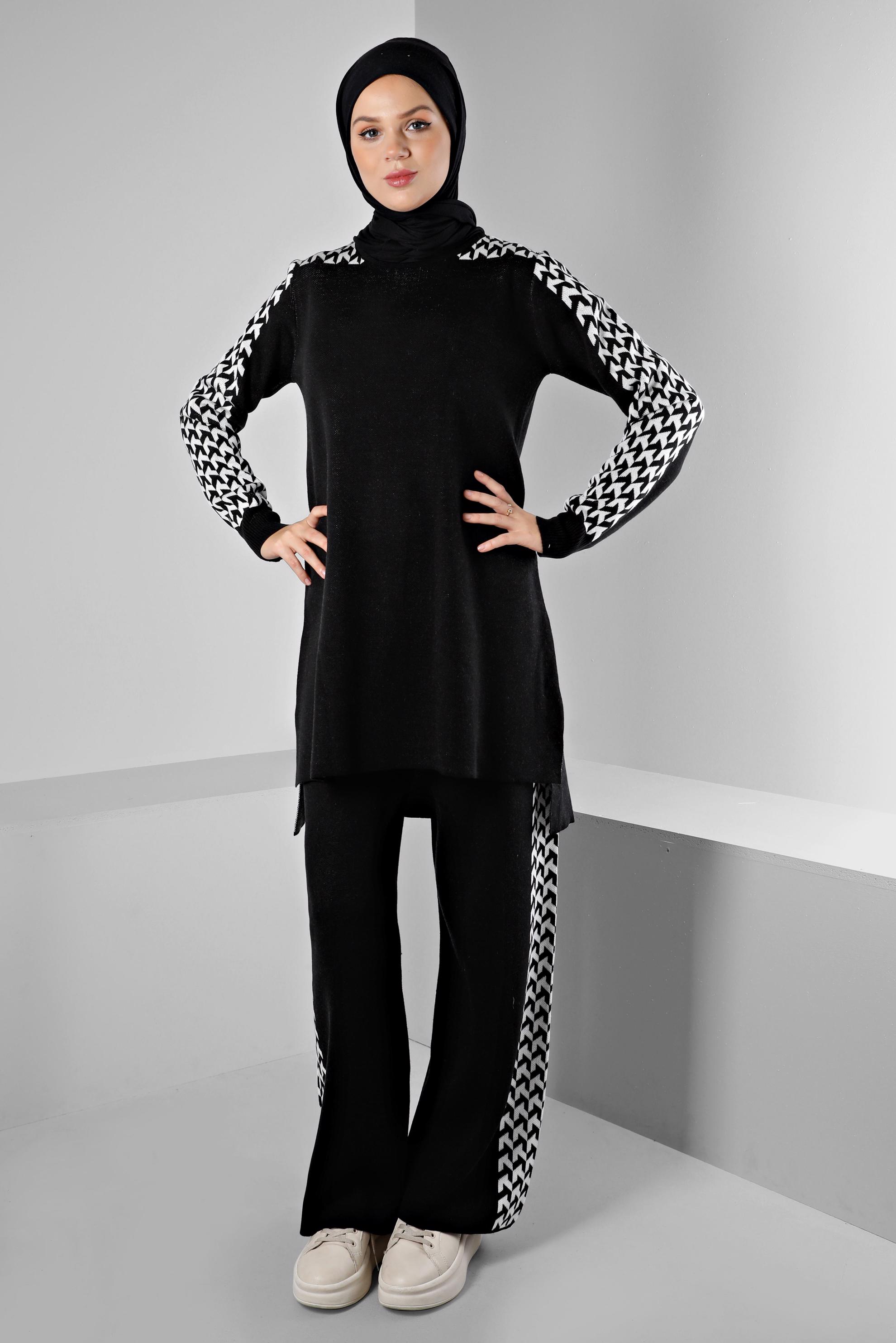 Tesettür giyim SİYAH DESENLİ İKİLİ TRİKO PANT. TAKIM 43222