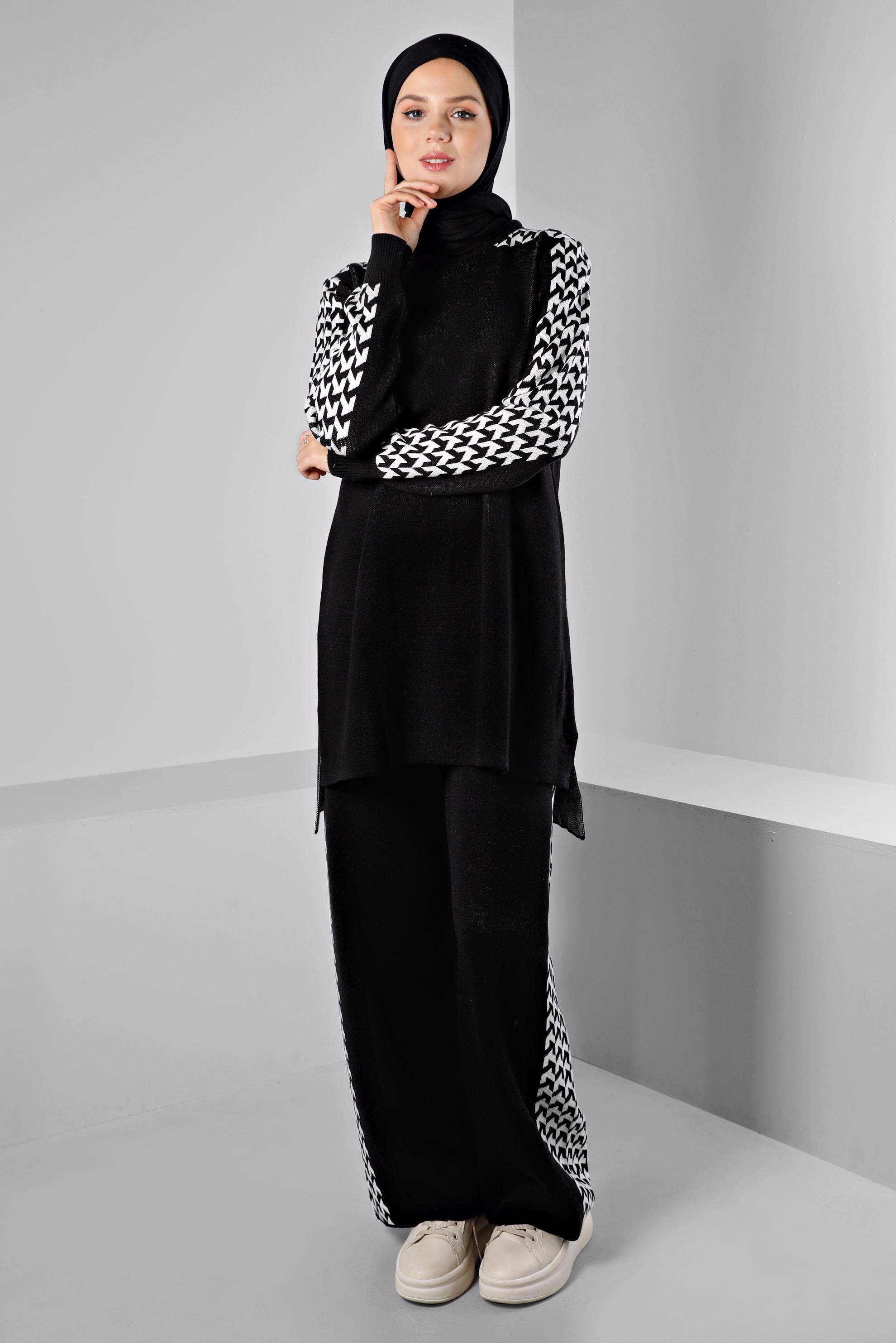Tesettür giyim SİYAH DESENLİ İKİLİ TRİKO PANT. TAKIM 43222