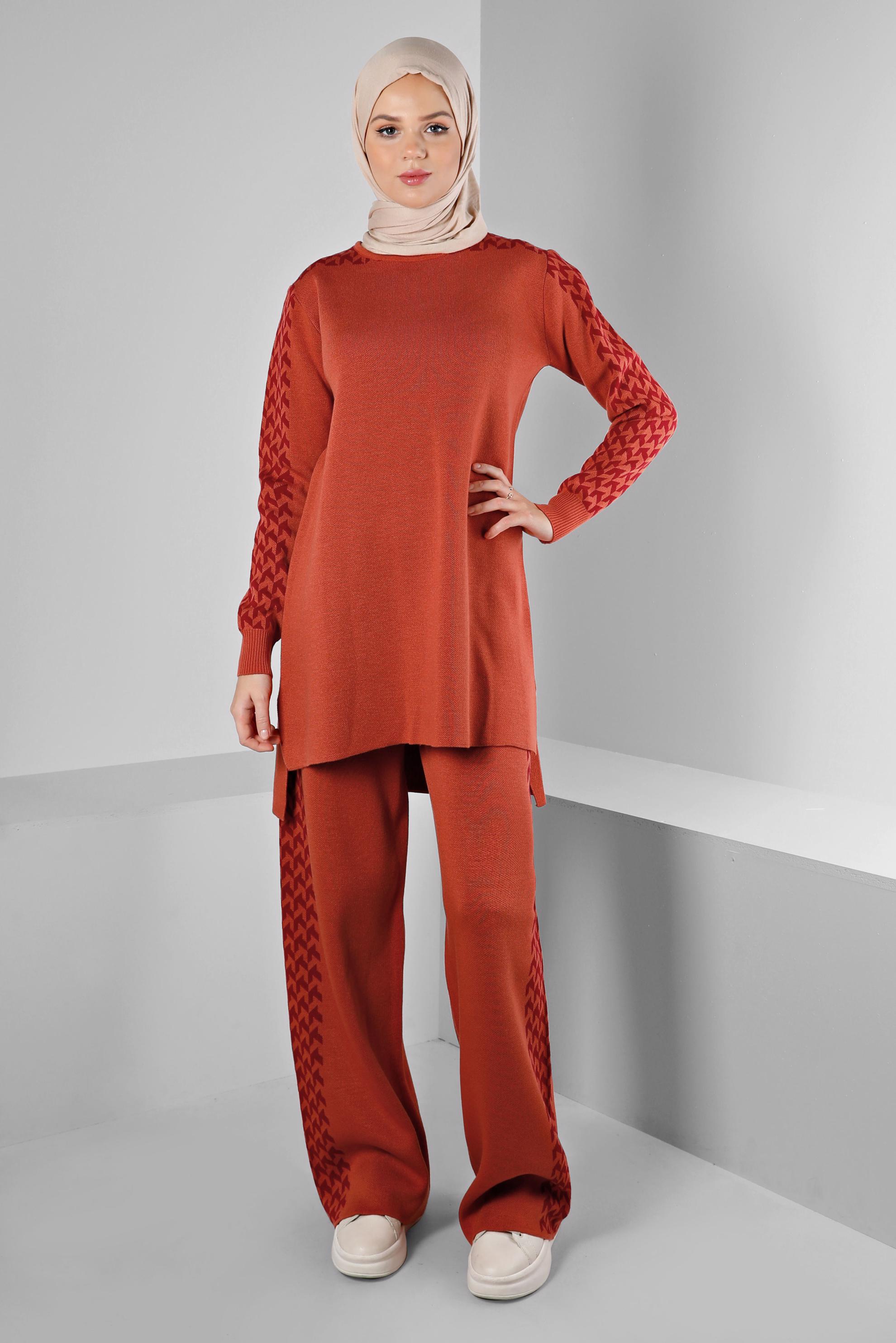 Tesettür giyim TURUNCU DESENLİ İKİLİ TRİKO PANT. TAKIM 43222