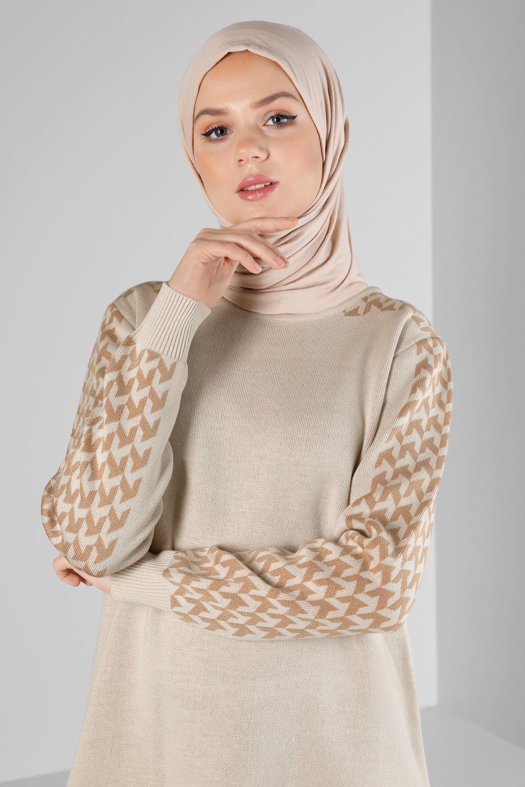 Tesettür giyim BEJ DESENLİ İKİLİ TRİKO PANT. TAKIM 43222