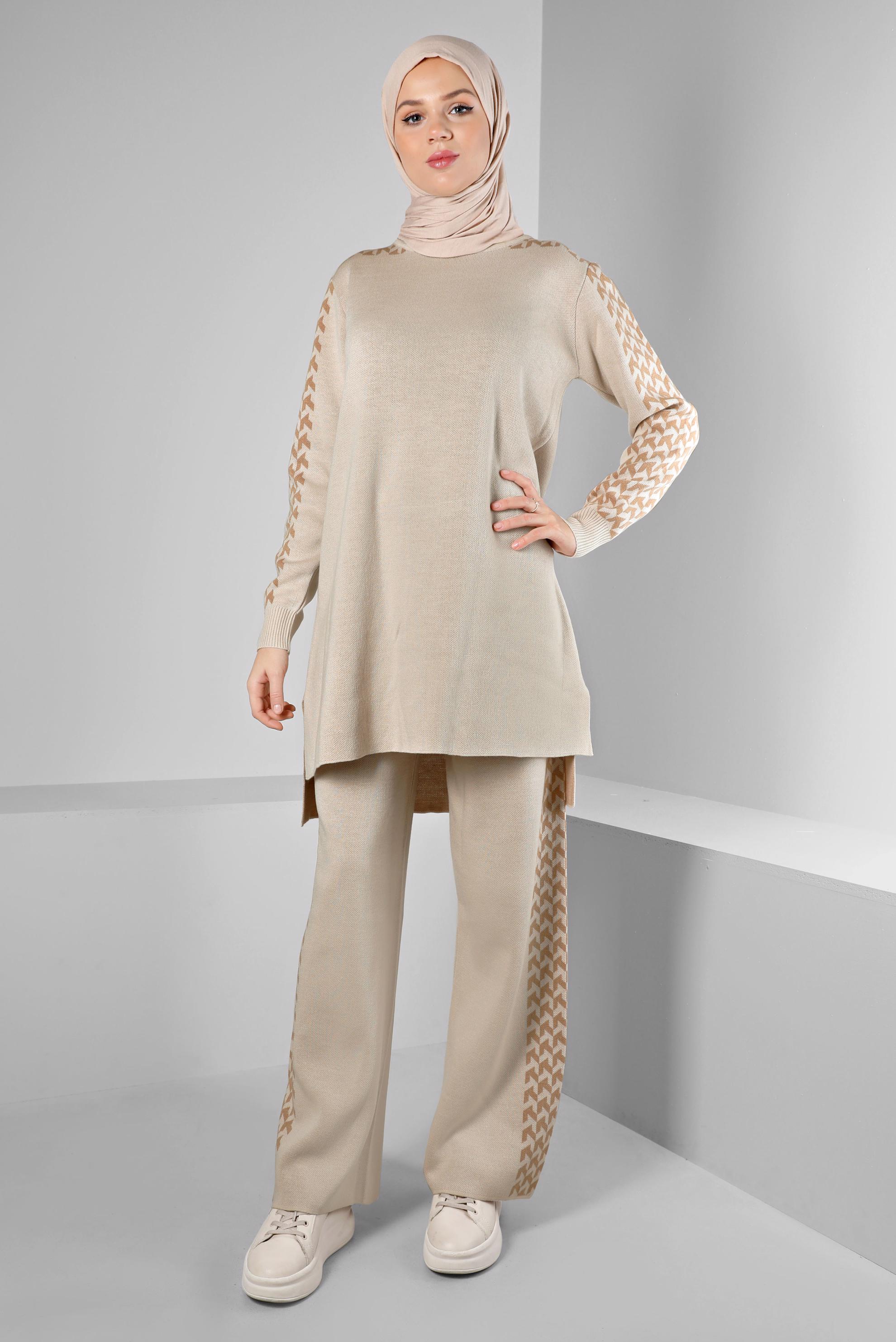 Tesettür giyim BEJ DESENLİ İKİLİ TRİKO PANT. TAKIM 43222