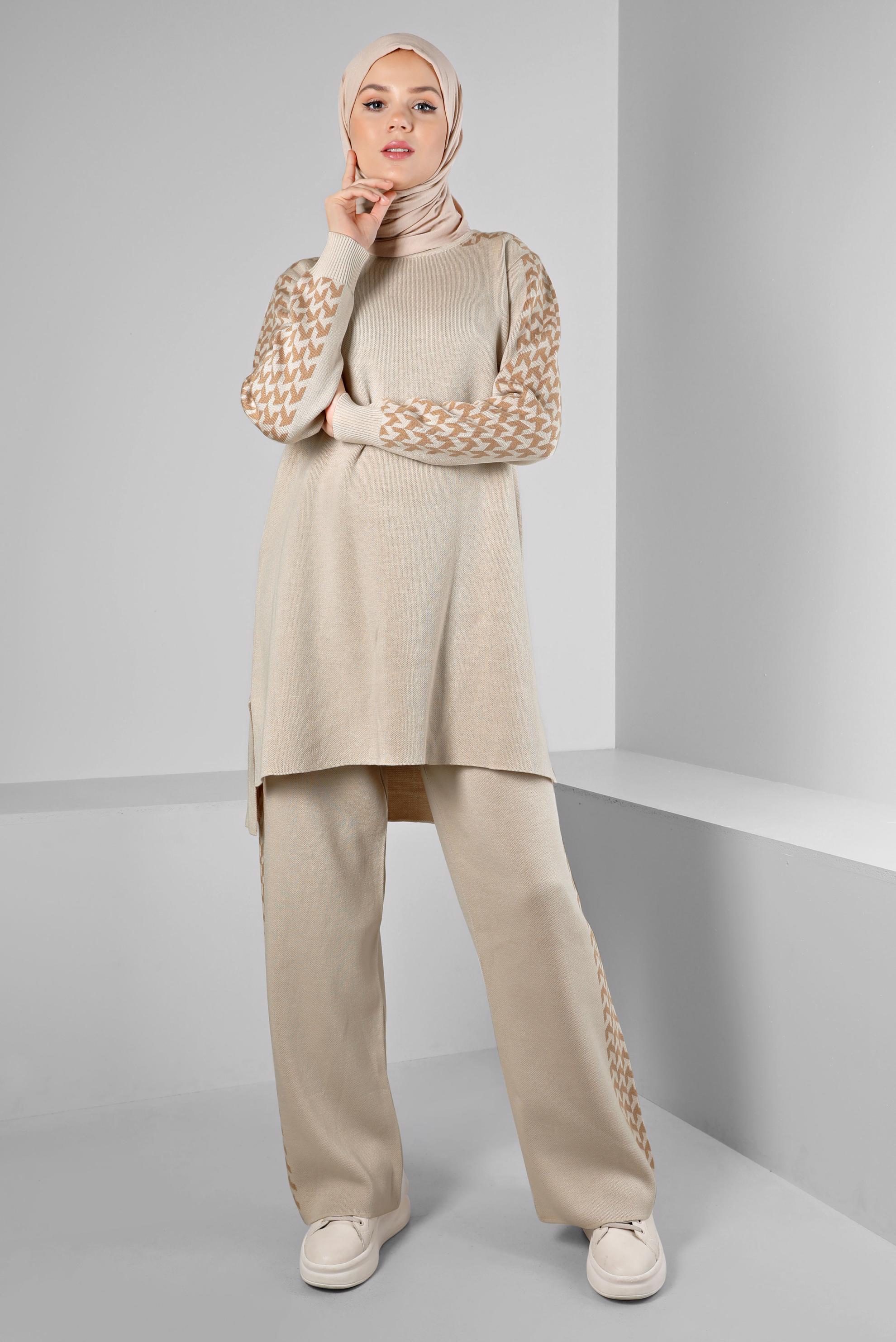 Tesettür giyim BEJ DESENLİ İKİLİ TRİKO PANT. TAKIM 43222