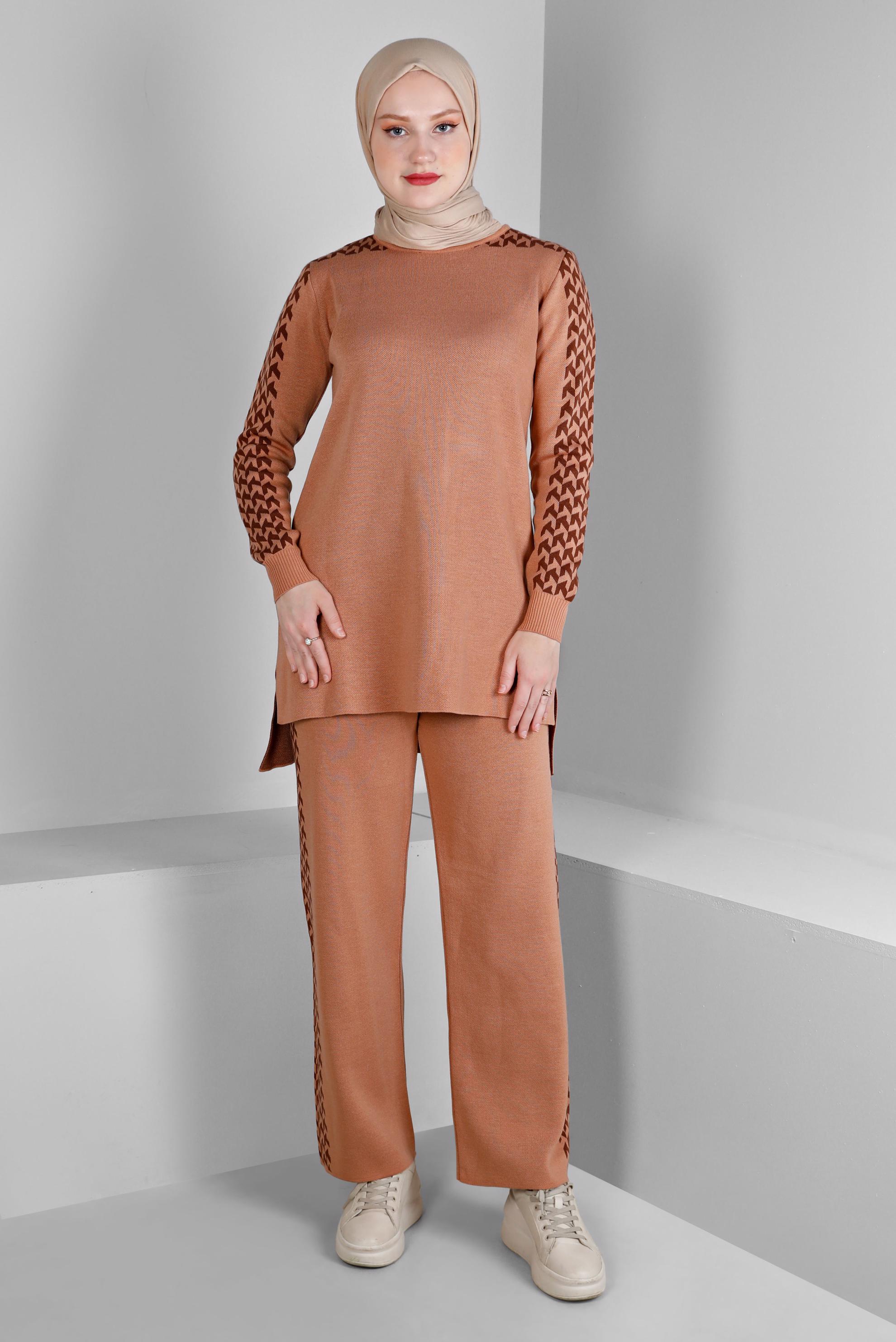 Tesettür giyim PUDRA DESENLİ İKİLİ TRİKO PANT. TAKIM 43222