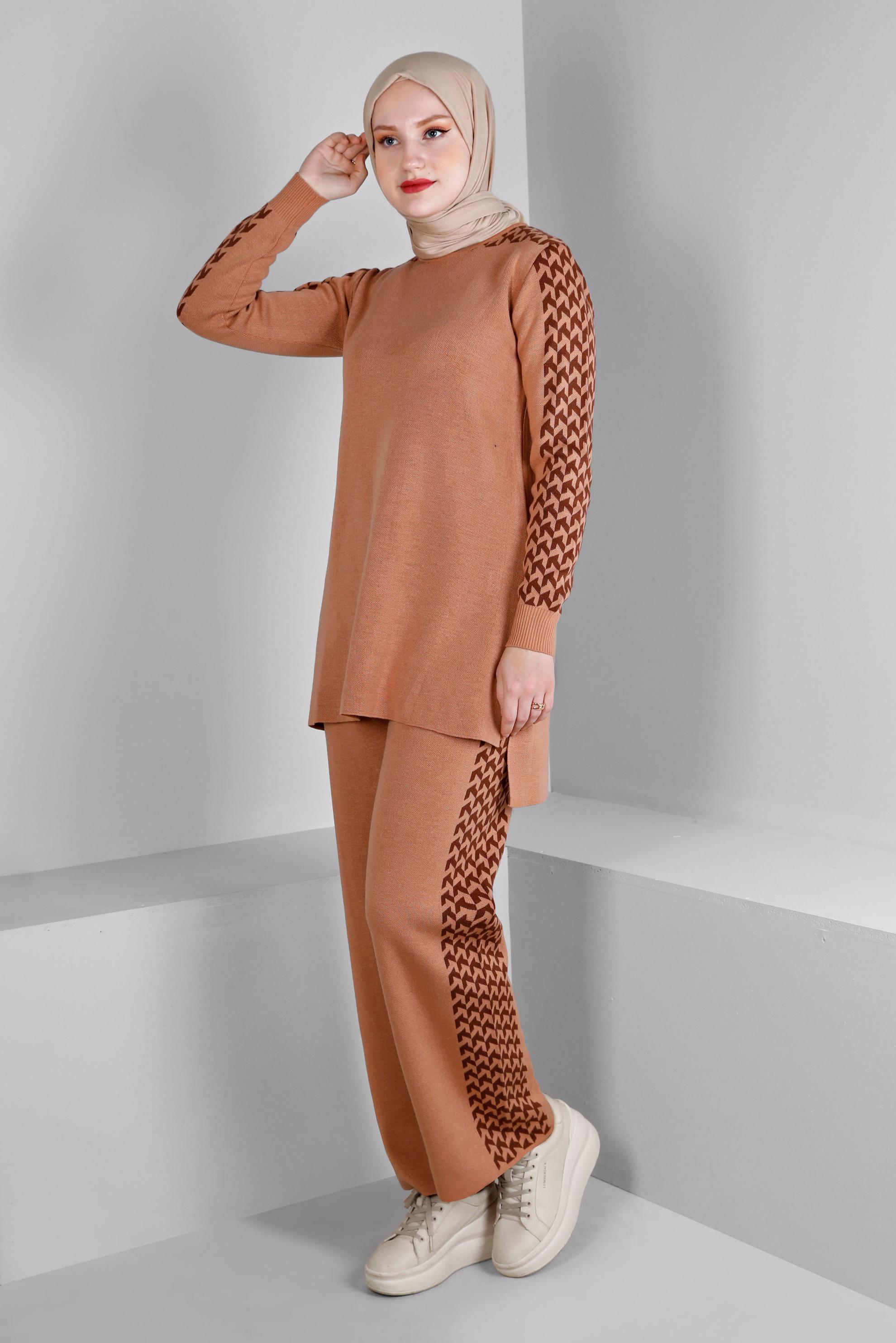 Tesettür giyim PUDRA DESENLİ İKİLİ TRİKO PANT. TAKIM 43222