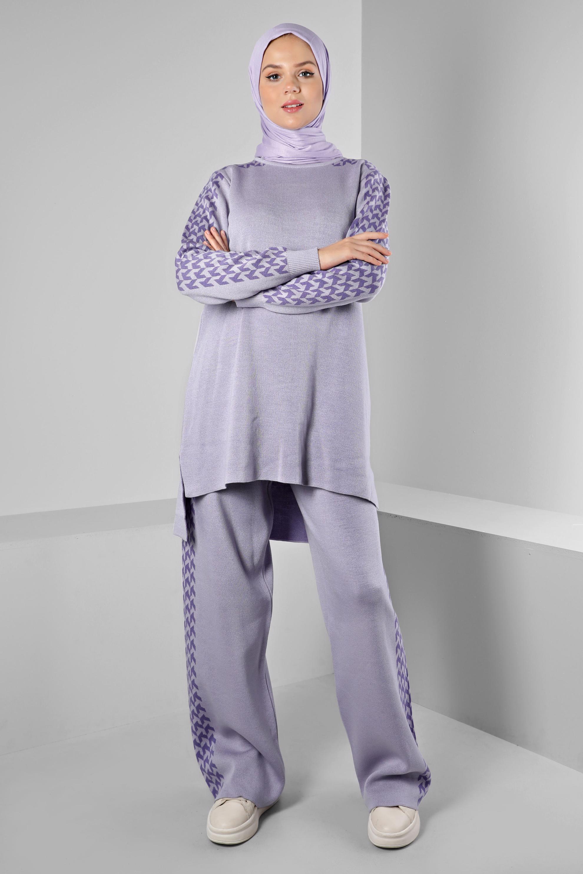 Hijab clothing PURPLE PATTERNED 2-PIECE KNITWEAR PANTS SUIT 43222