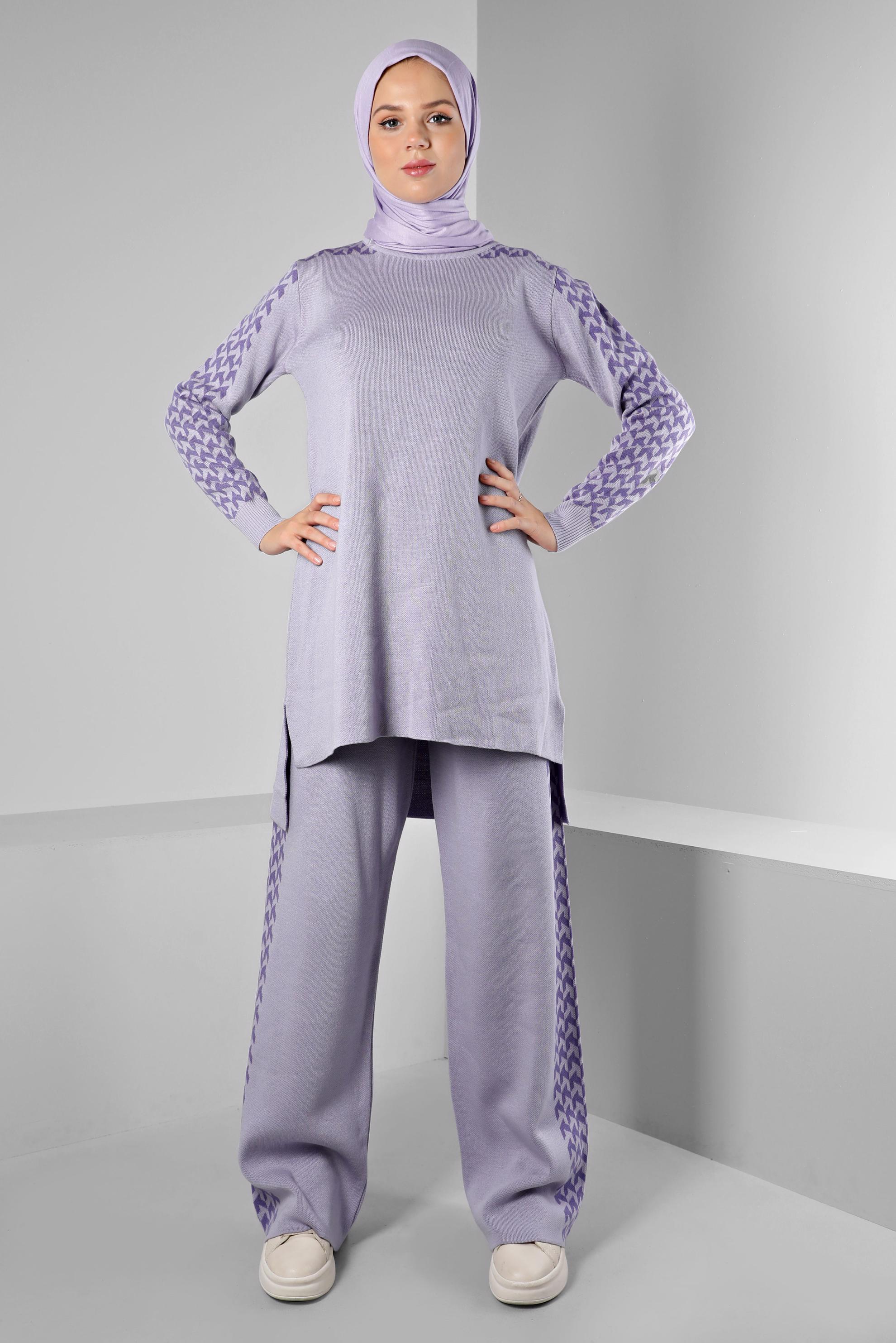 Hijab clothing PURPLE PATTERNED 2-PIECE KNITWEAR PANTS SUIT 43222