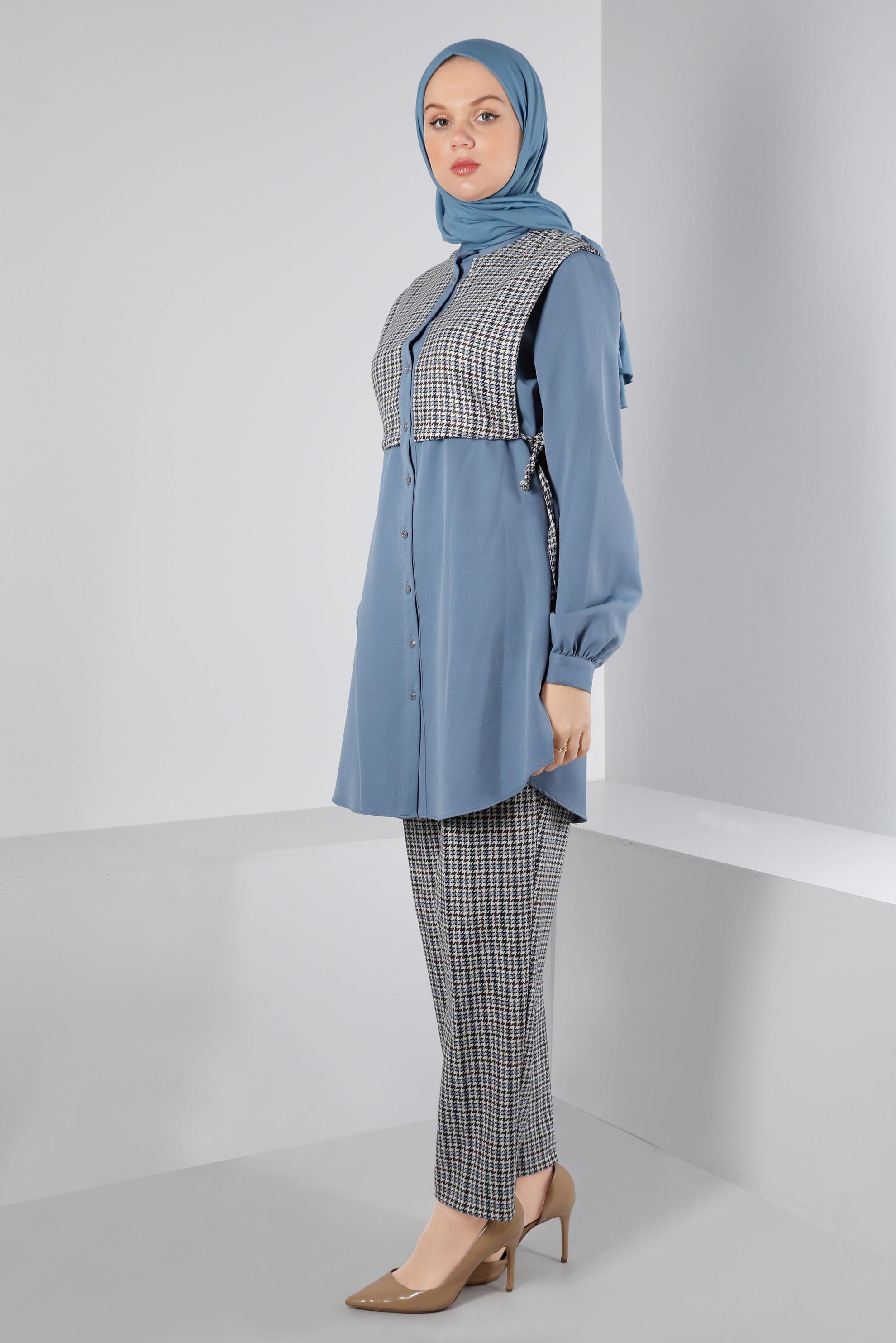 Tesettür giyim MAVİ BAĞLAMA DETAYLI KAZAYAĞI DESENLİ İKİLİ PANT. TAKIM 43266 
