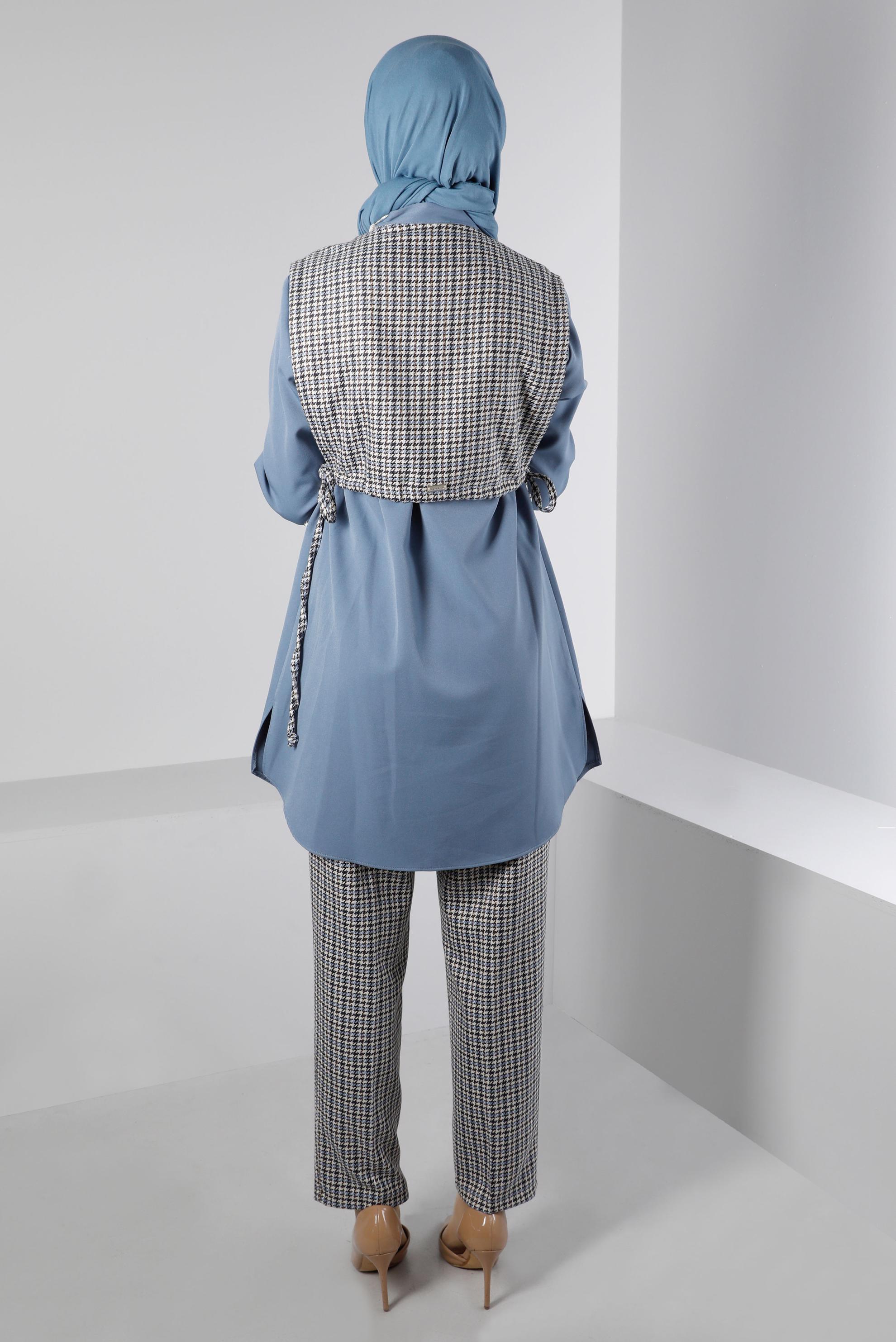 Tesettür giyim MAVİ BAĞLAMA DETAYLI KAZAYAĞI DESENLİ İKİLİ PANT. TAKIM 43266 