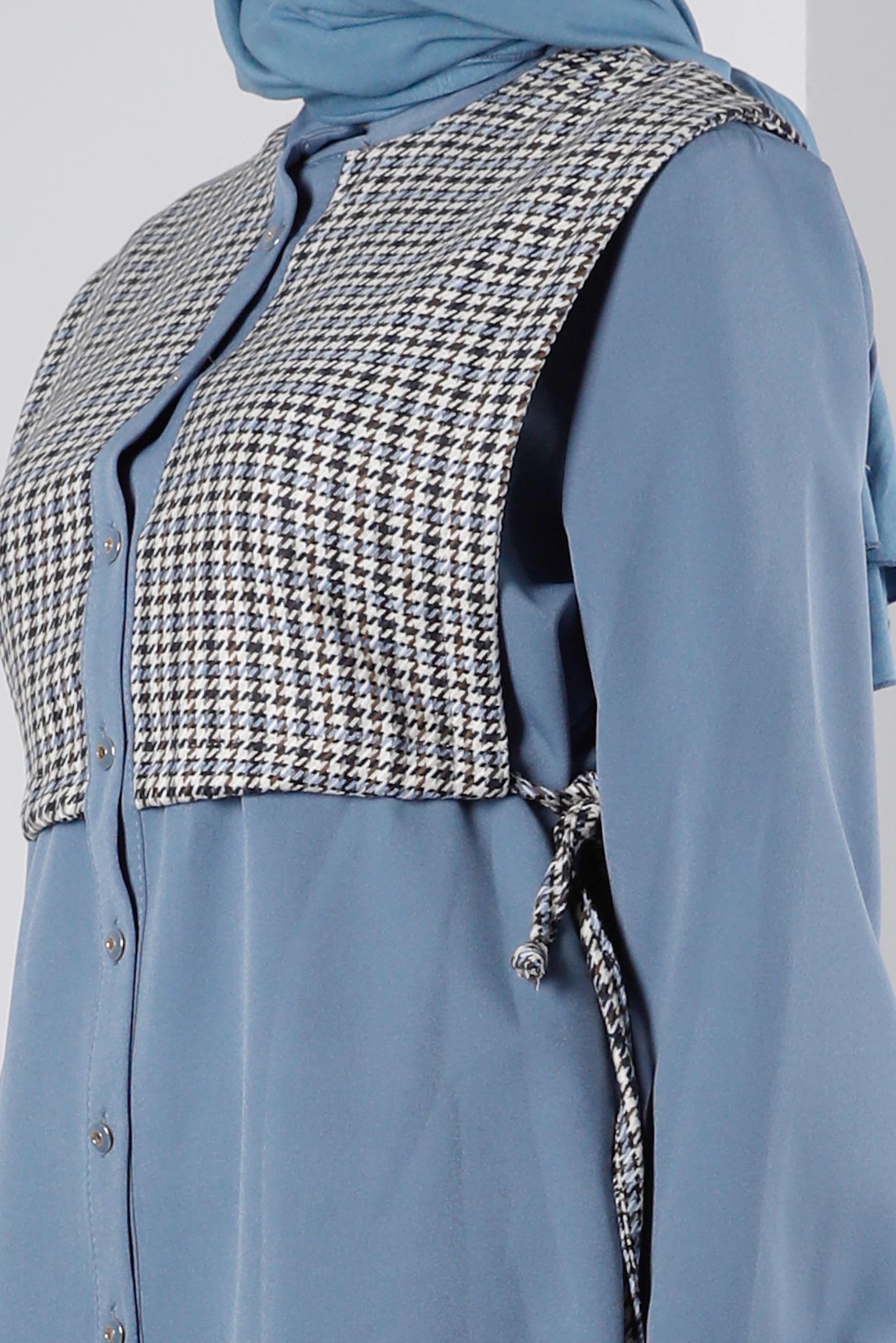 Tesettür giyim MAVİ BAĞLAMA DETAYLI KAZAYAĞI DESENLİ İKİLİ PANT. TAKIM 43266 