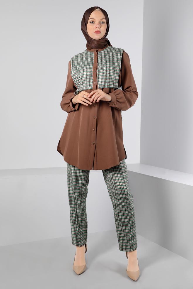 Tesettür giyim  BAĞLAMA DETAYLI KAZAYAĞI DESENLİ İKİLİ PANT. TAKIM 43266  - ALVİNA