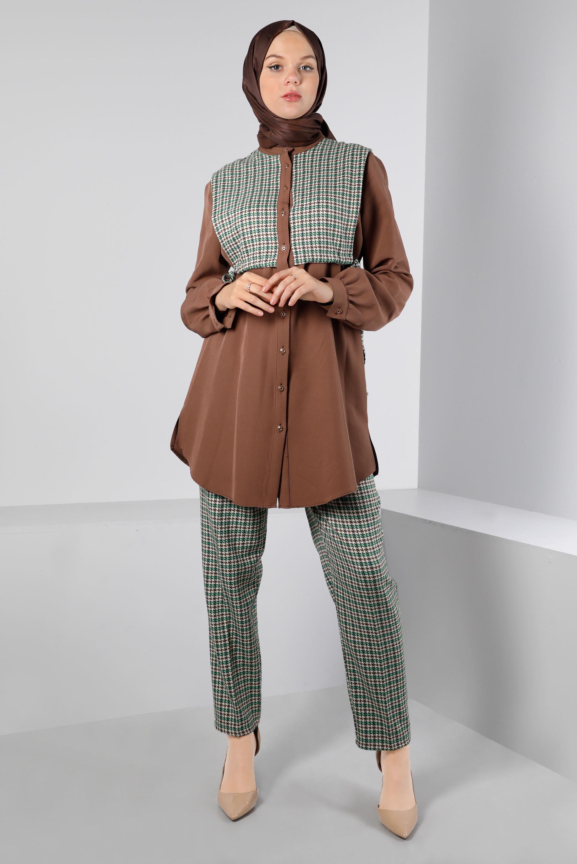 Tesettür giyim YEŞİL BAĞLAMA DETAYLI KAZAYAĞI DESENLİ İKİLİ PANT. TAKIM 43266 