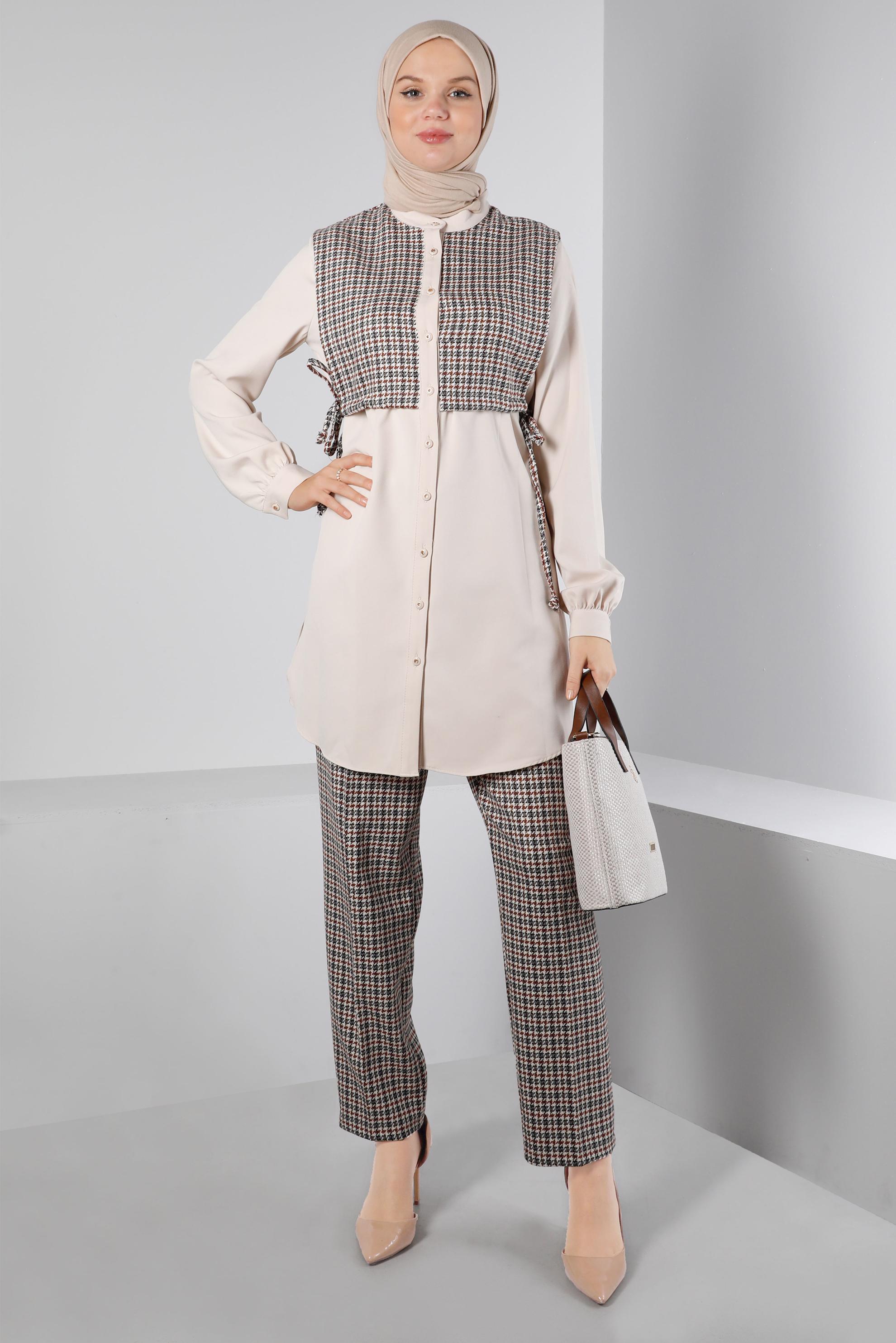 Tesettür giyim TURUNCU BAĞLAMA DETAYLI KAZAYAĞI DESENLİ İKİLİ PANT. TAKIM 43266 