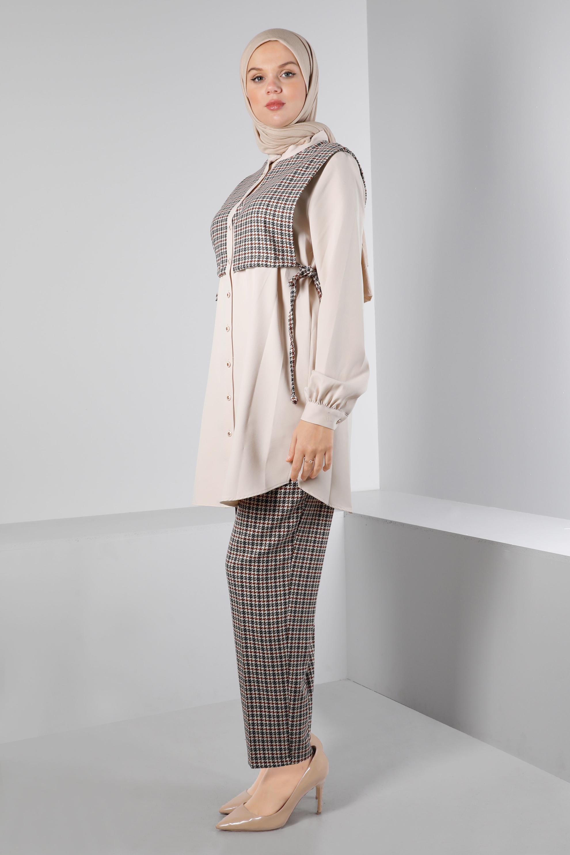 Tesettür giyim TURUNCU BAĞLAMA DETAYLI KAZAYAĞI DESENLİ İKİLİ PANT. TAKIM 43266 