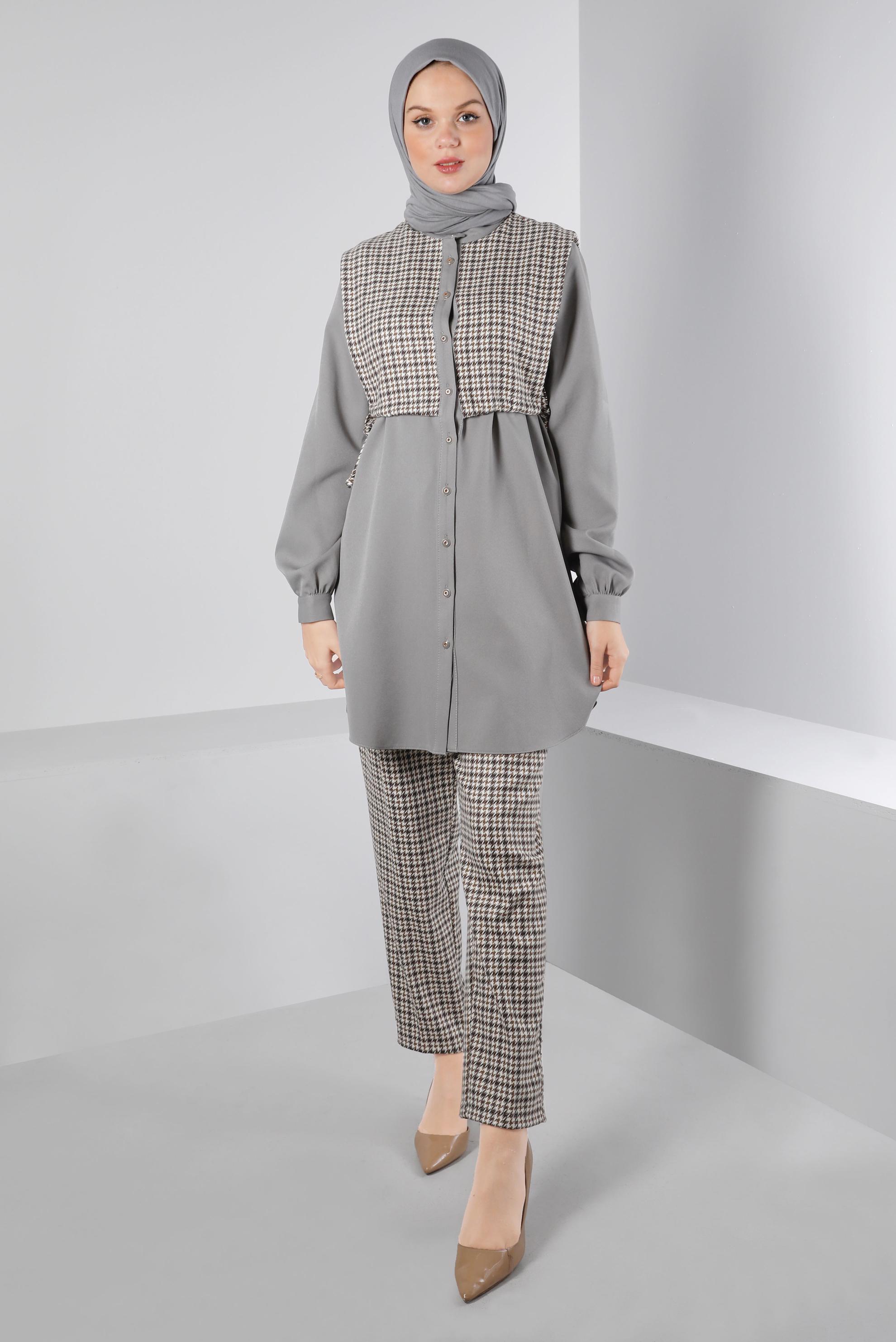 Tesettür giyim VİZON BAĞLAMA DETAYLI KAZAYAĞI DESENLİ İKİLİ PANT. TAKIM 43266 