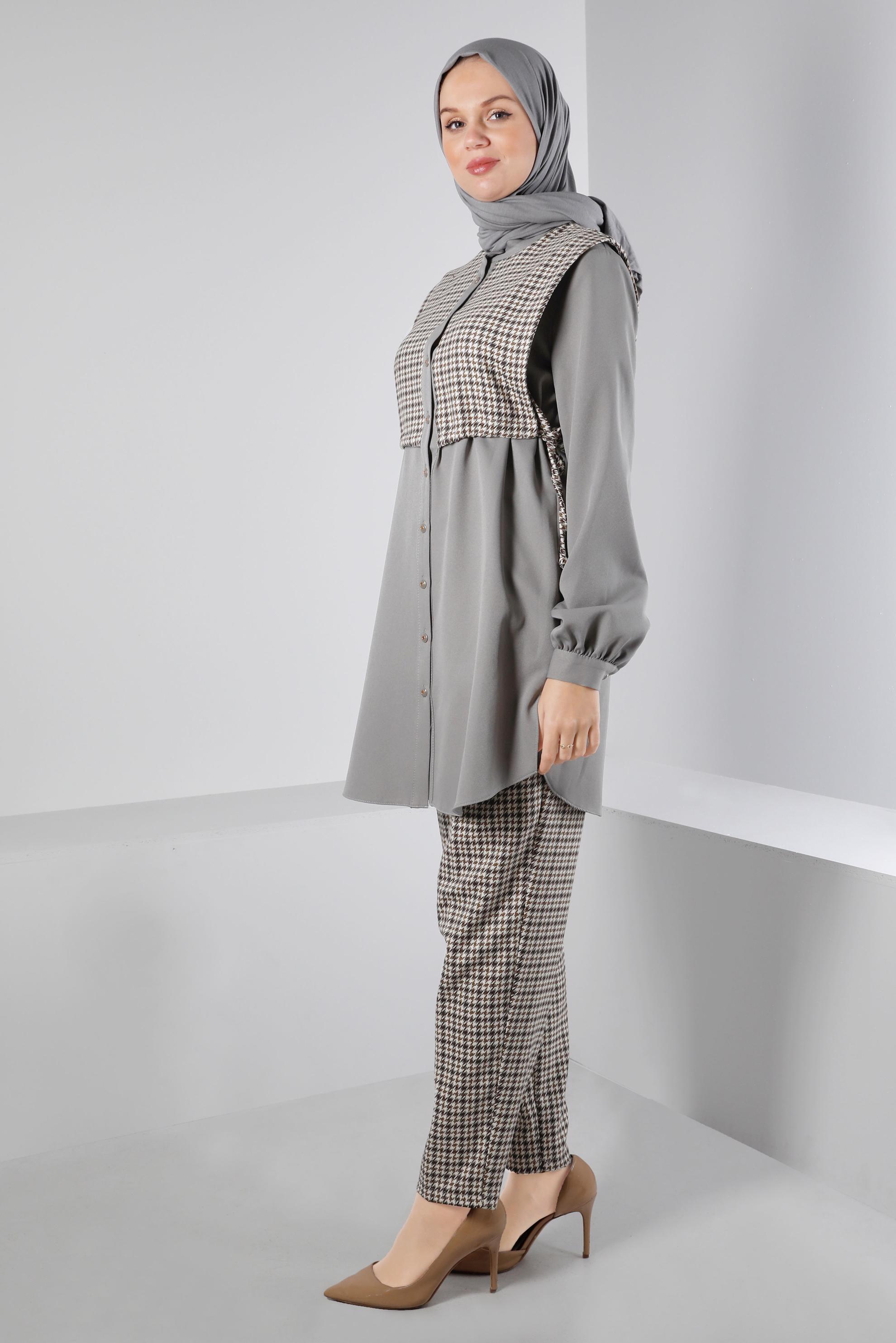 Tesettür giyim VİZON BAĞLAMA DETAYLI KAZAYAĞI DESENLİ İKİLİ PANT. TAKIM 43266 