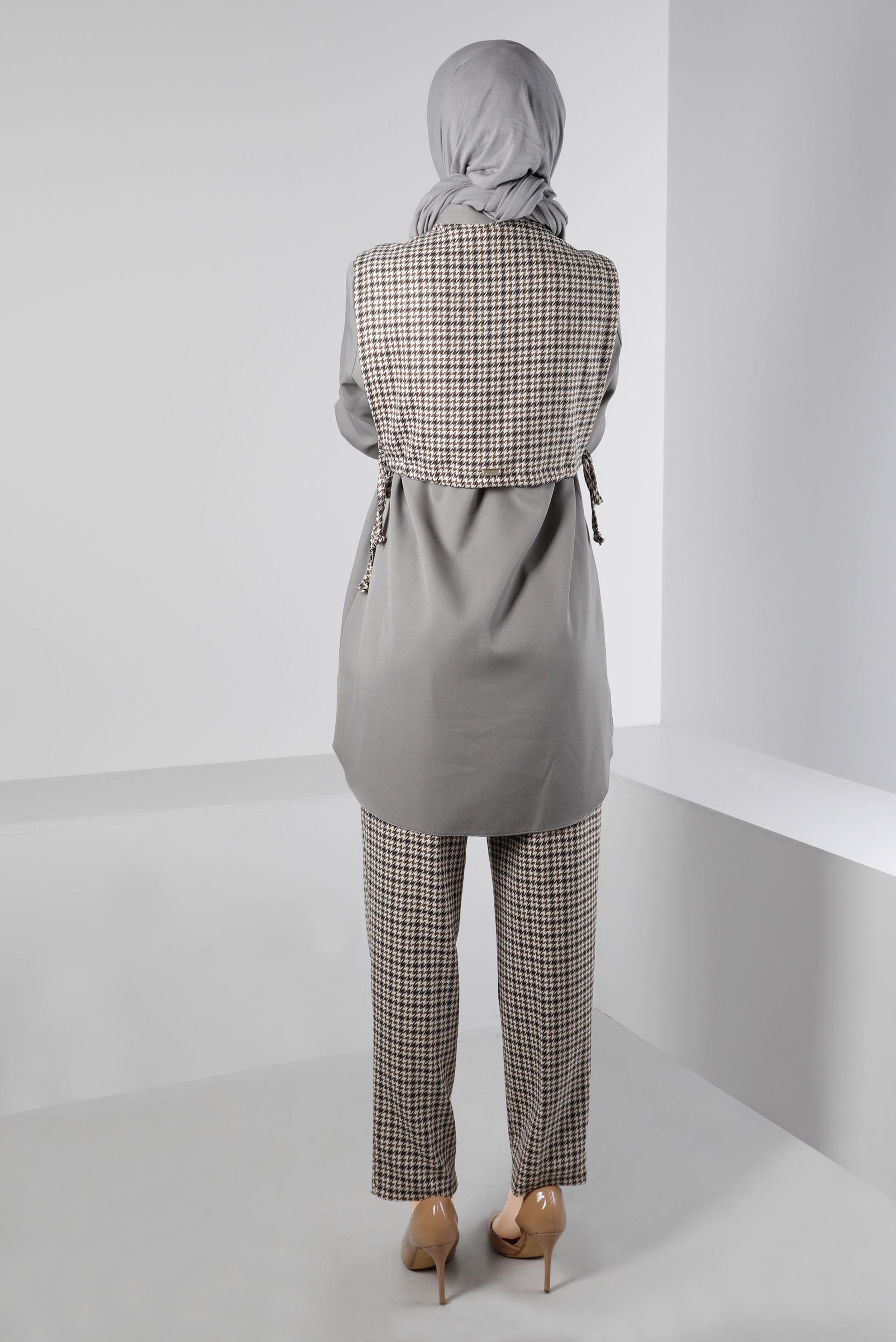 Tesettür giyim VİZON BAĞLAMA DETAYLI KAZAYAĞI DESENLİ İKİLİ PANT. TAKIM 43266 