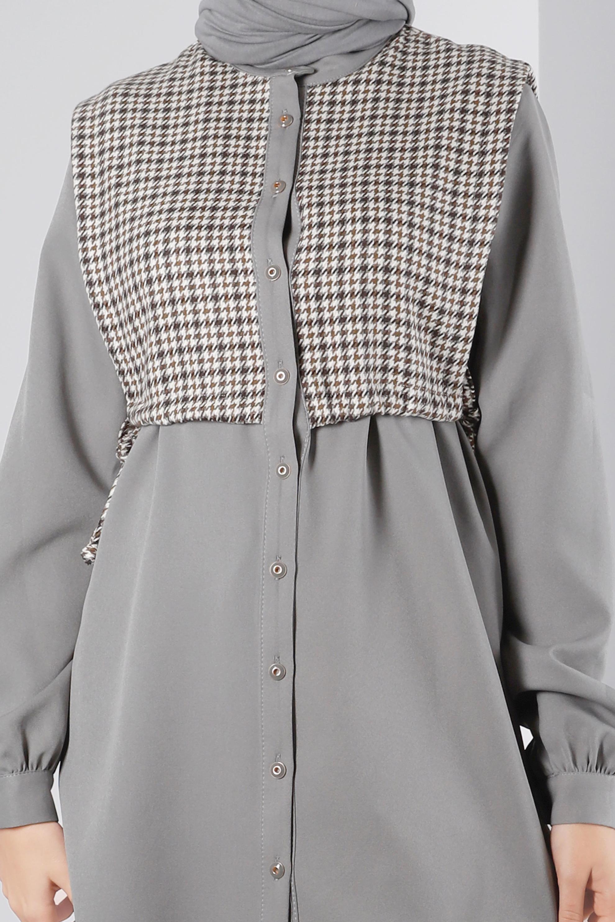 Tesettür giyim VİZON BAĞLAMA DETAYLI KAZAYAĞI DESENLİ İKİLİ PANT. TAKIM 43266 