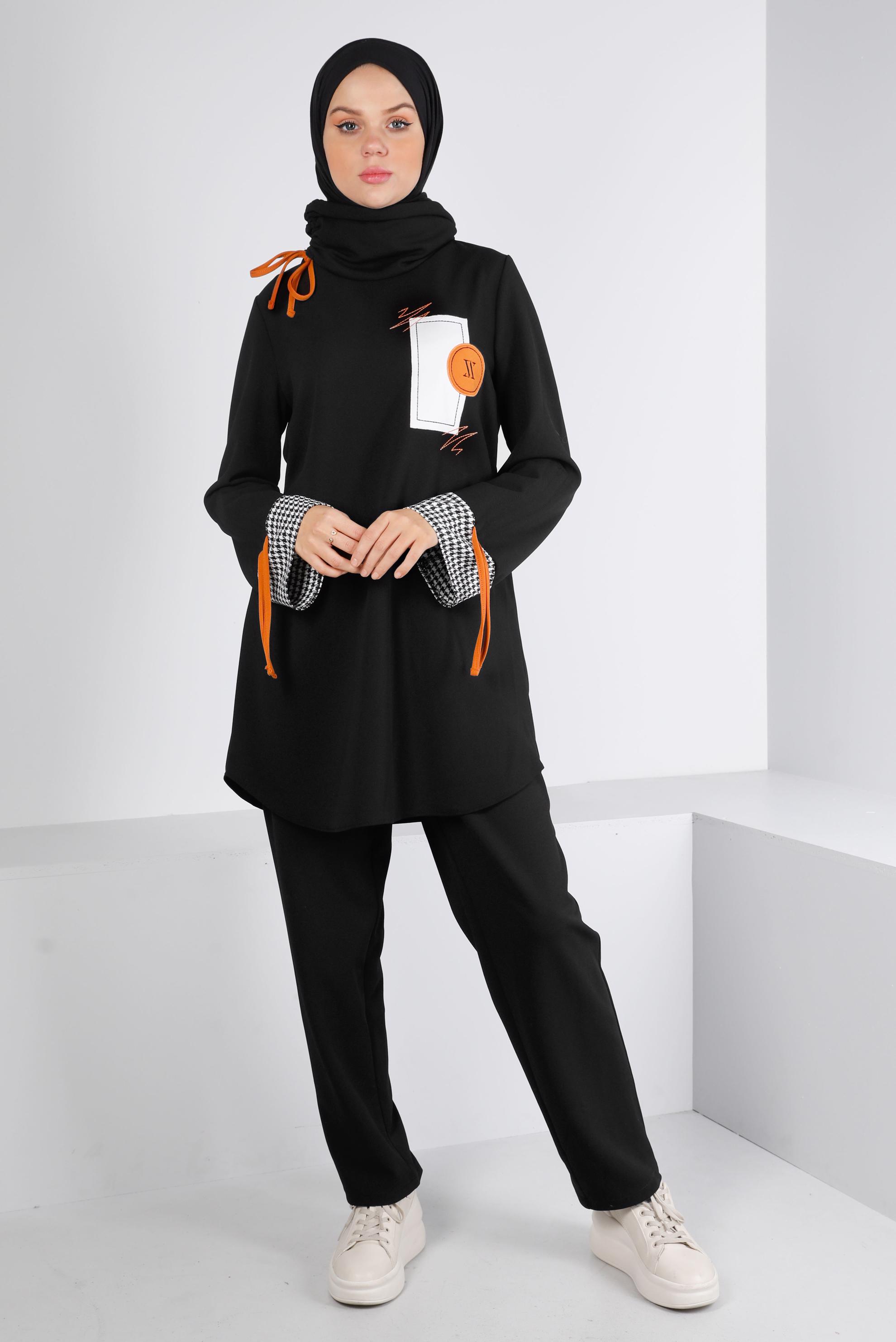 Tesettür giyim SİYAH BAĞCIK VE KAZAYAĞI DETAYLI İKİLİ TAKIM 43268