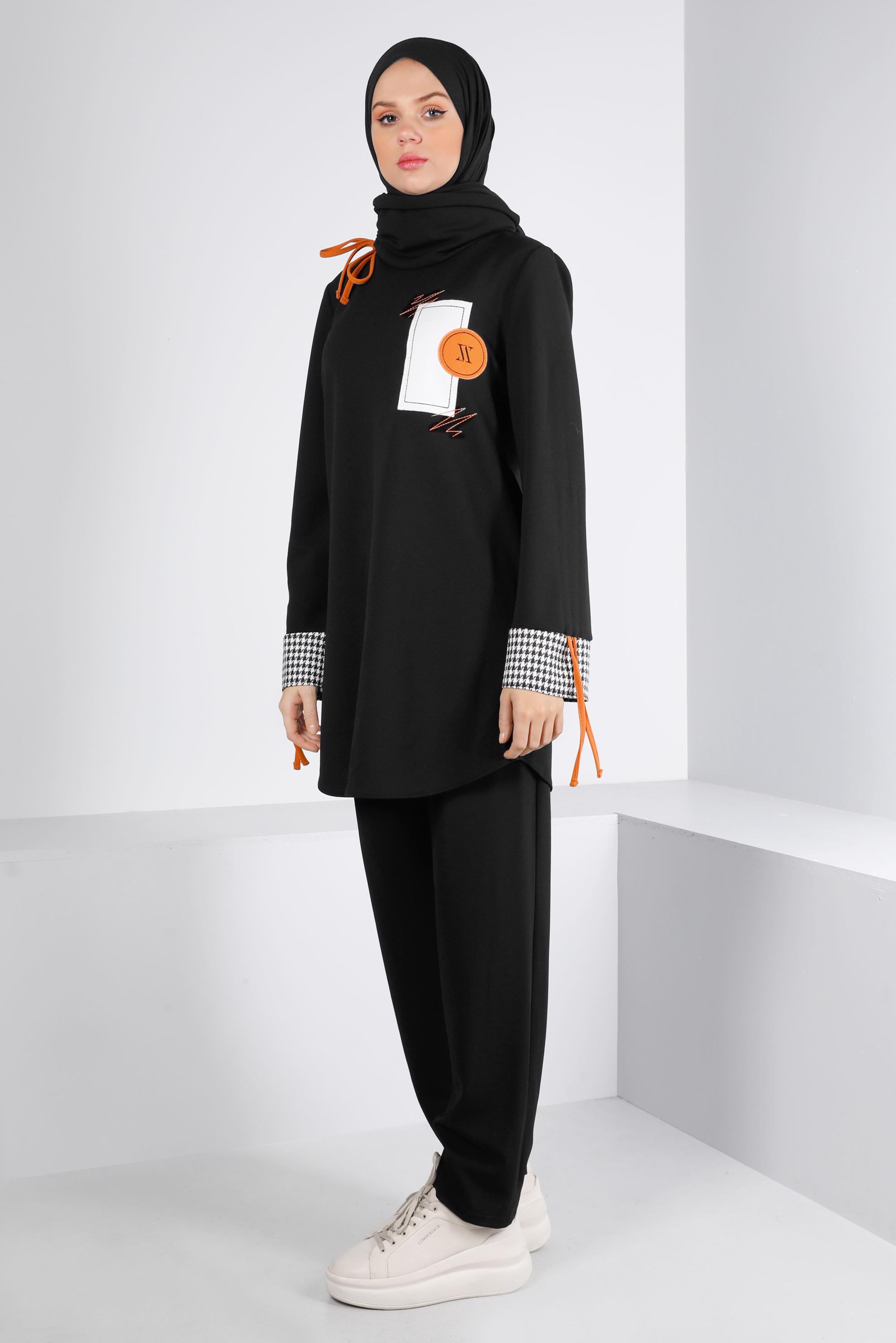 Tesettür giyim SİYAH BAĞCIK VE KAZAYAĞI DETAYLI İKİLİ TAKIM 43268