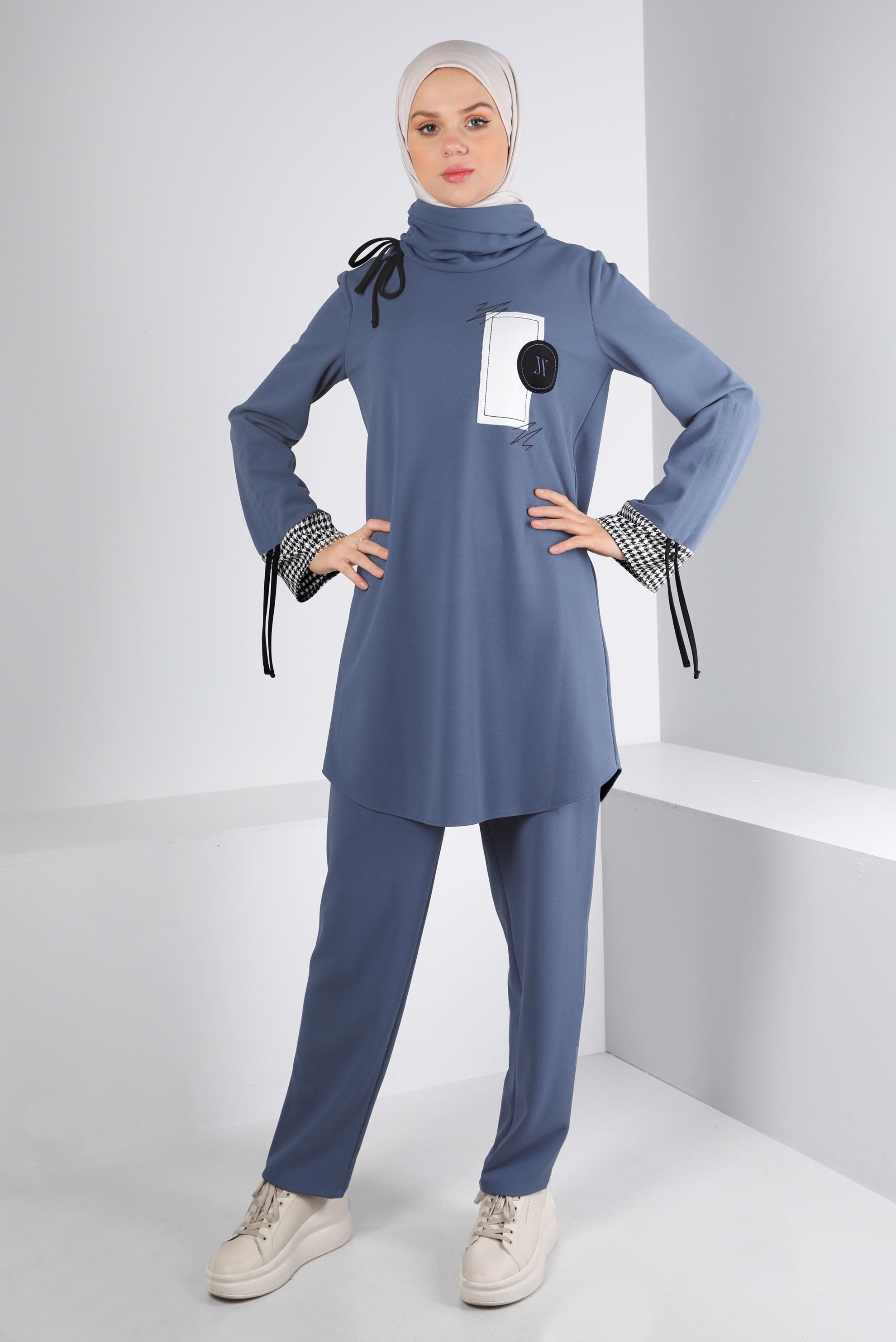 Tesettür giyim LACİVERT BAĞCIK VE KAZAYAĞI DETAYLI İKİLİ TAKIM 43268