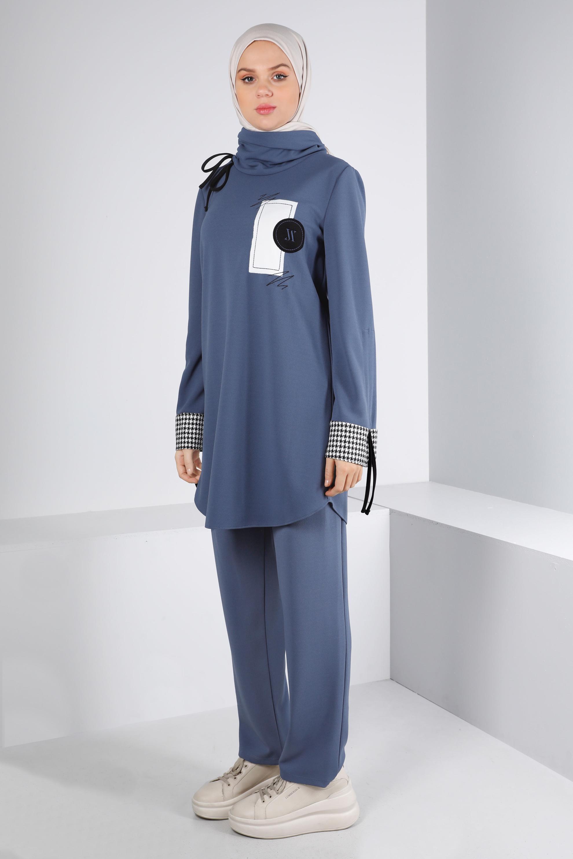 Tesettür giyim LACİVERT BAĞCIK VE KAZAYAĞI DETAYLI İKİLİ TAKIM 43268