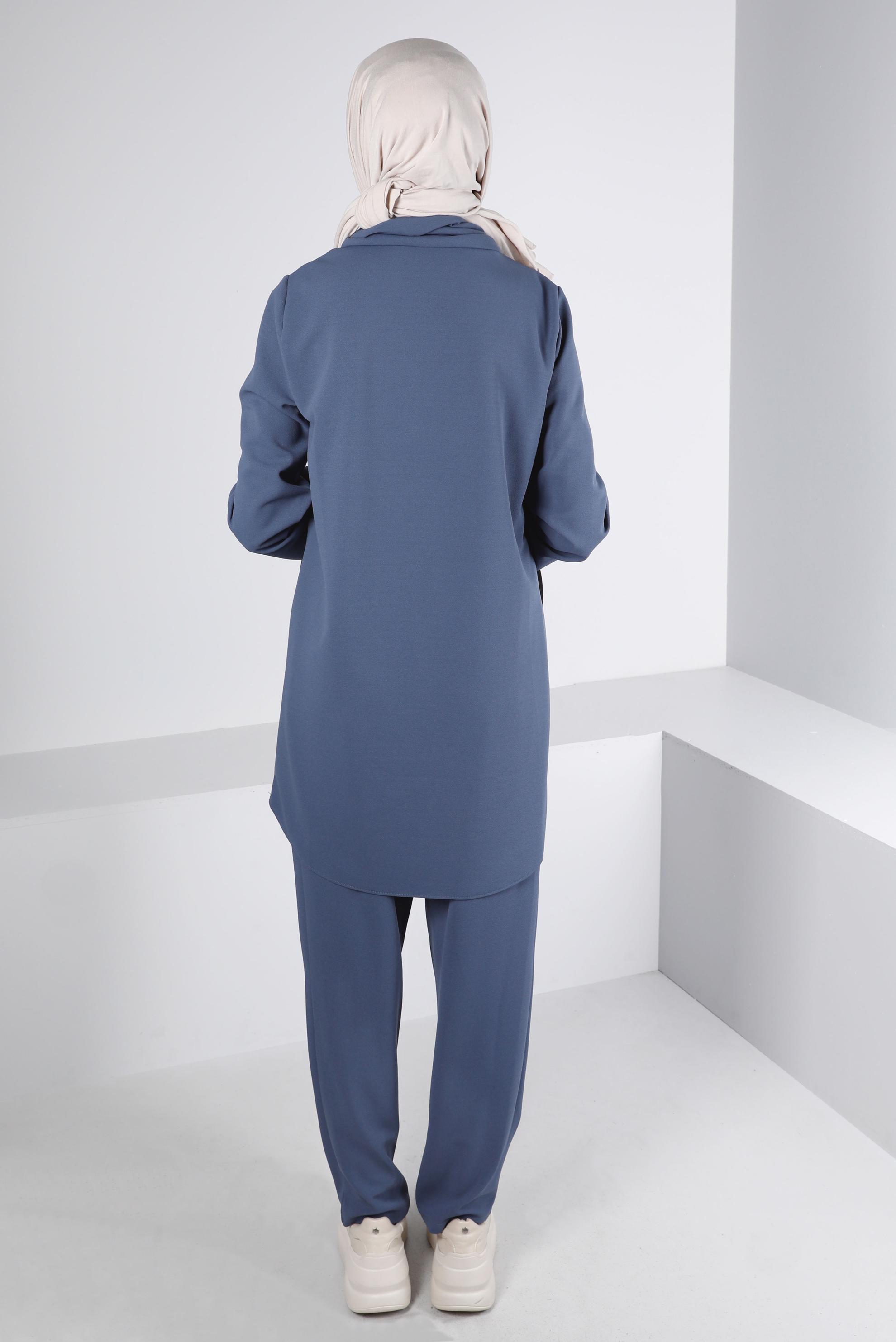 Tesettür giyim LACİVERT BAĞCIK VE KAZAYAĞI DETAYLI İKİLİ TAKIM 43268