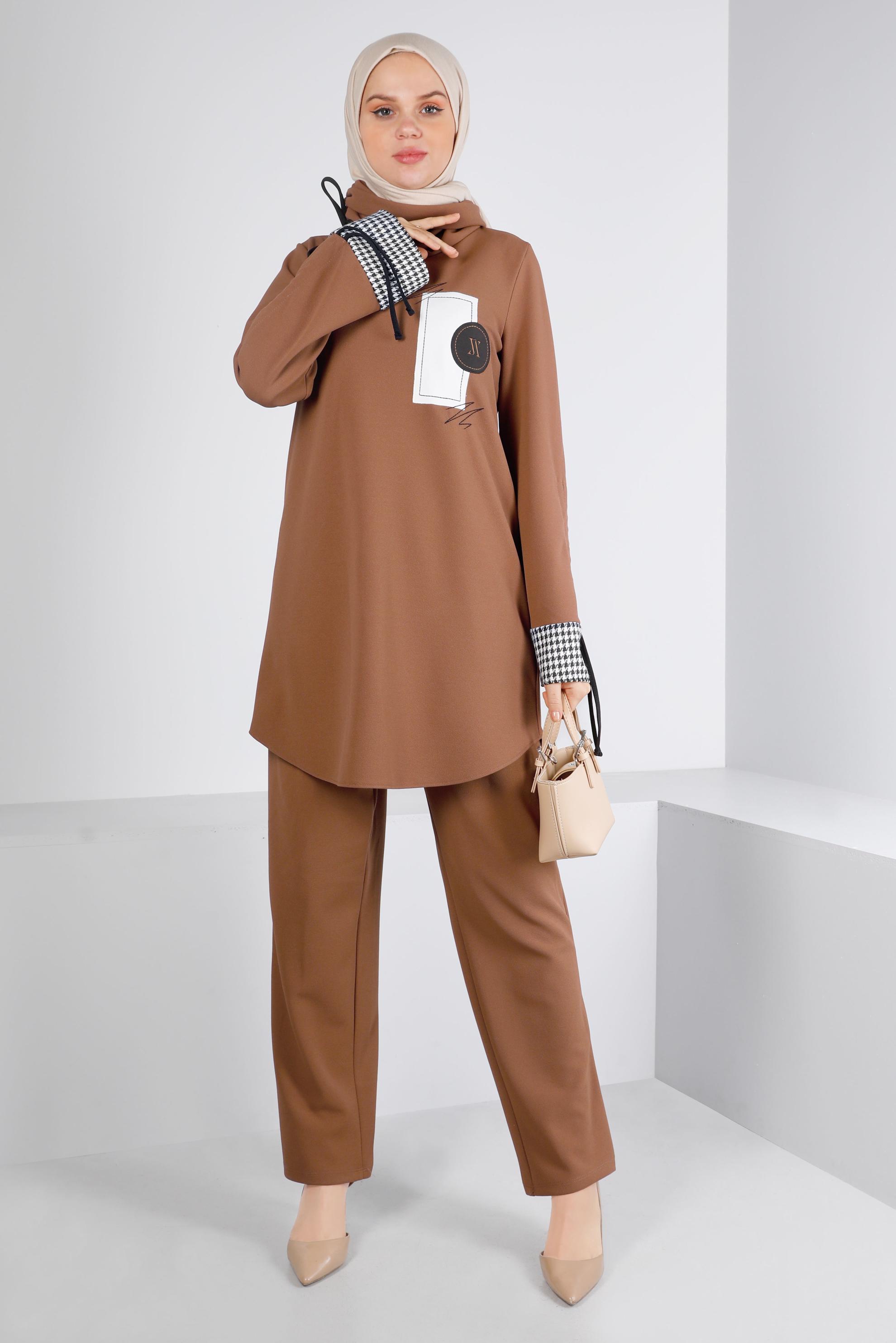 Tesettür giyim KAHVE BAĞCIK VE KAZAYAĞI DETAYLI İKİLİ TAKIM 43268