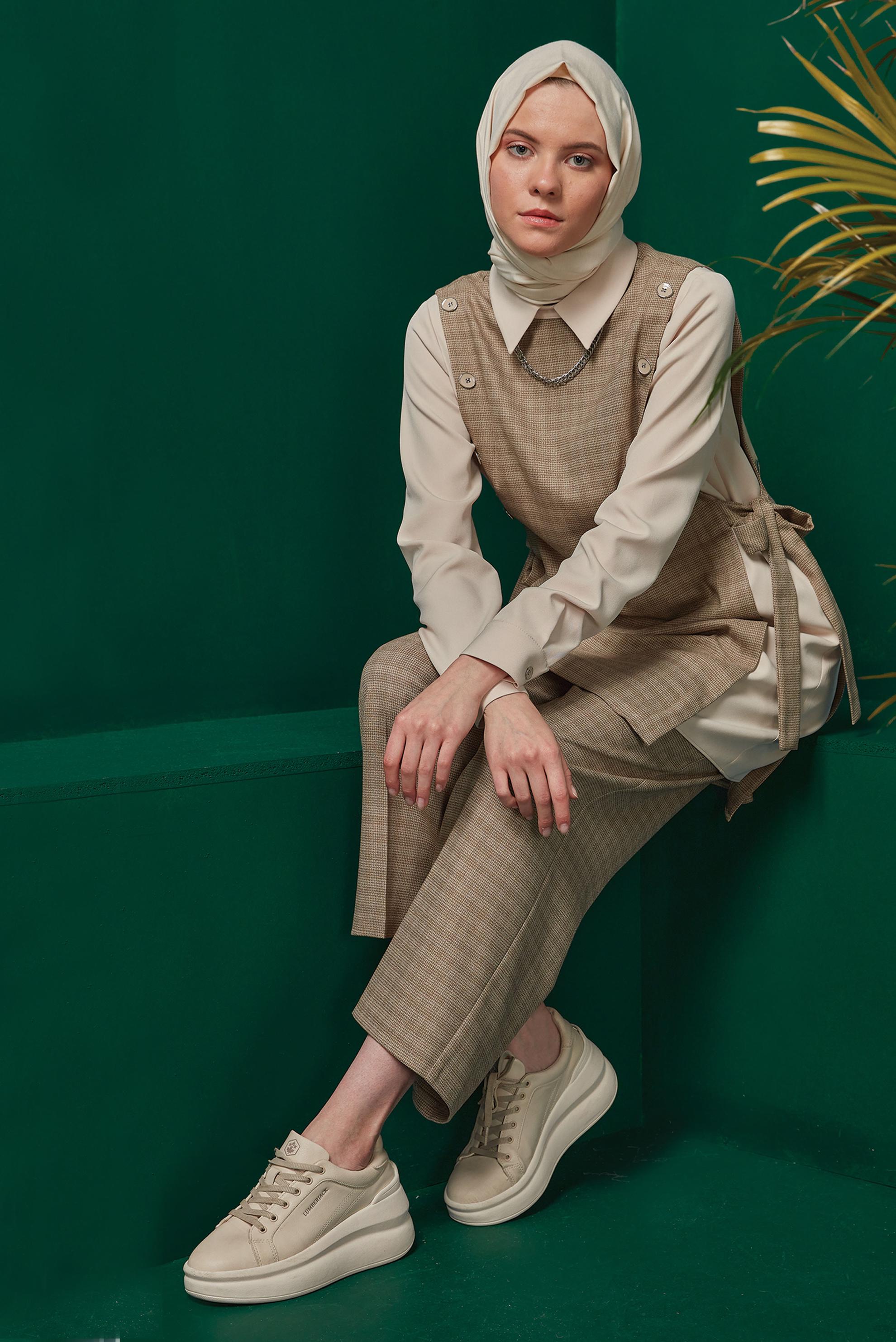 Tesettür giyim VİZON EKOSE DÜĞME DETAYLI İKİLİ PANTOLONLU TAKIM 43315