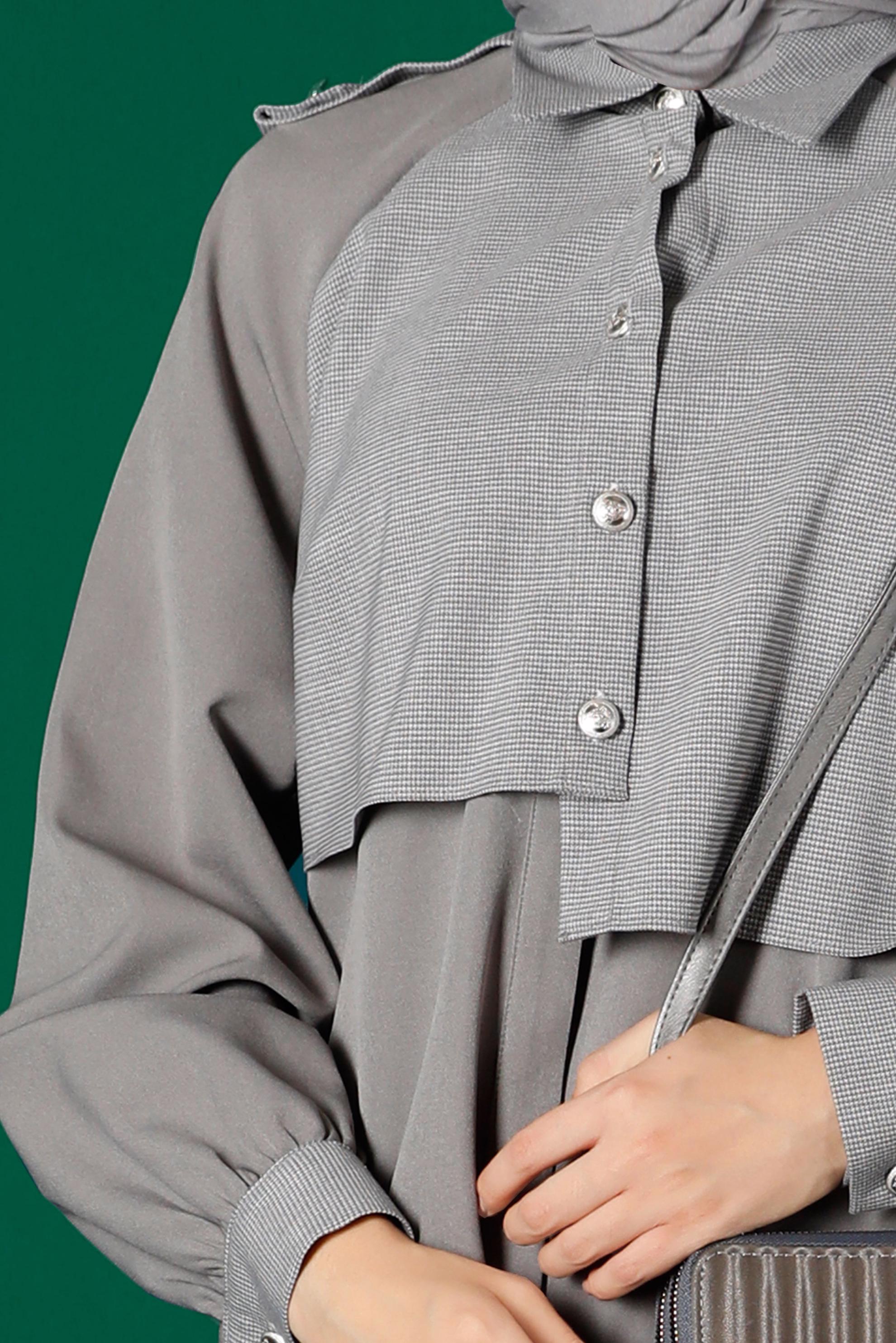 Tesettür giyim GRİ İKİ RENKLİ DÜĞMELİ İKİLİ PANTOLONLU TAKIMI 43325