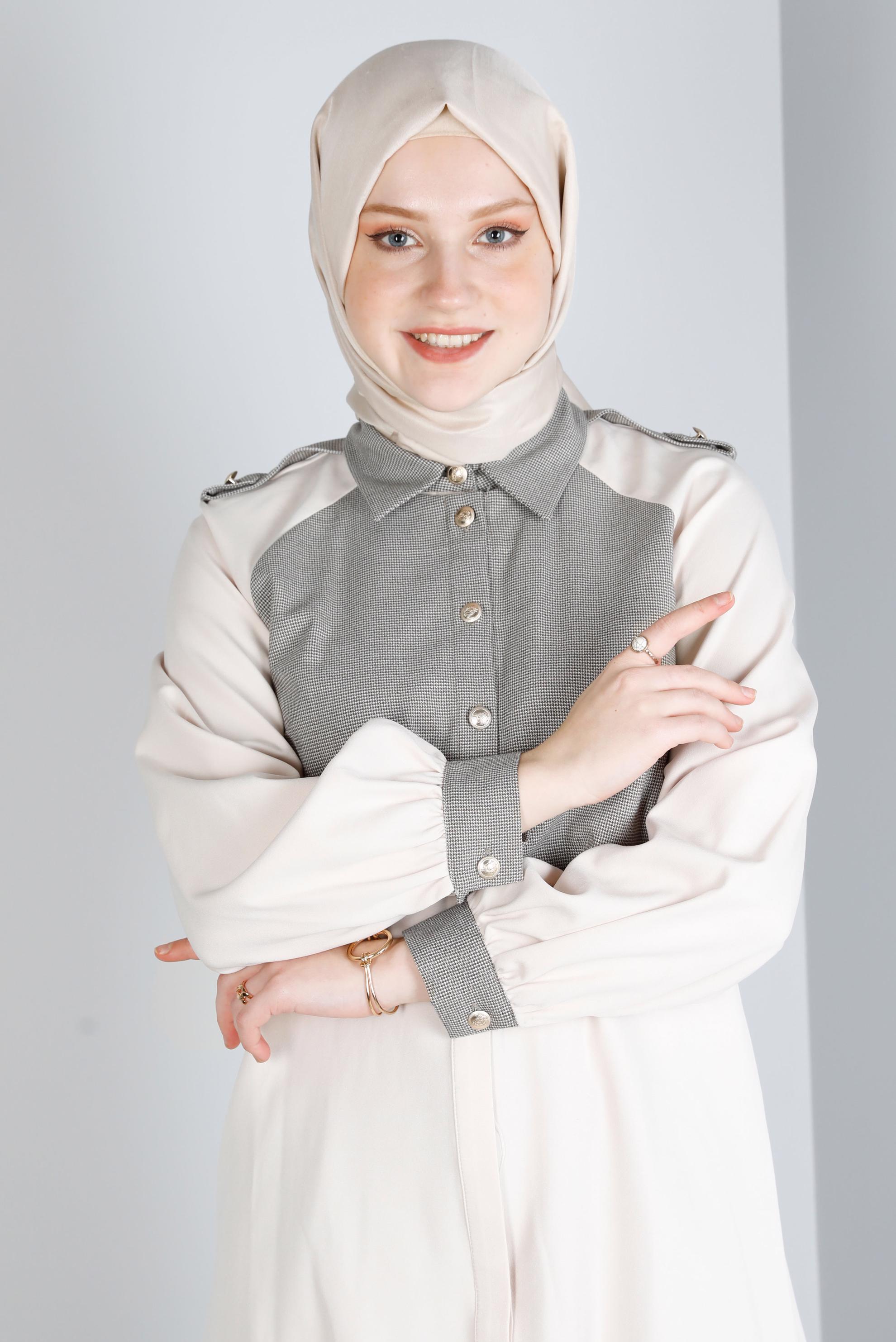 Tesettür giyim VİZON İKİ RENKLİ DÜĞMELİ İKİLİ PANTOLONLU TAKIMI 43325