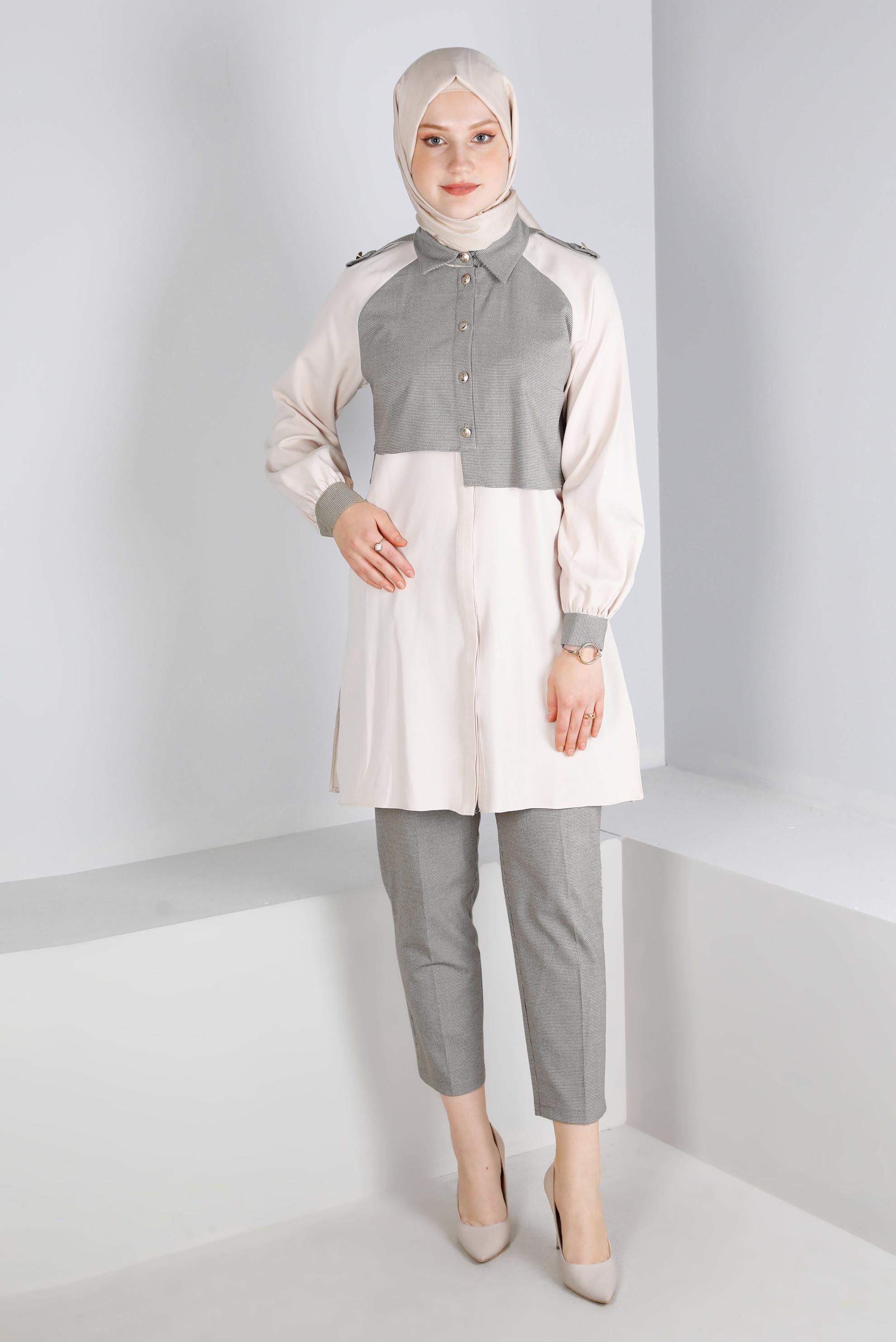 Tesettür giyim VİZON İKİ RENKLİ DÜĞMELİ İKİLİ PANTOLONLU TAKIMI 43325