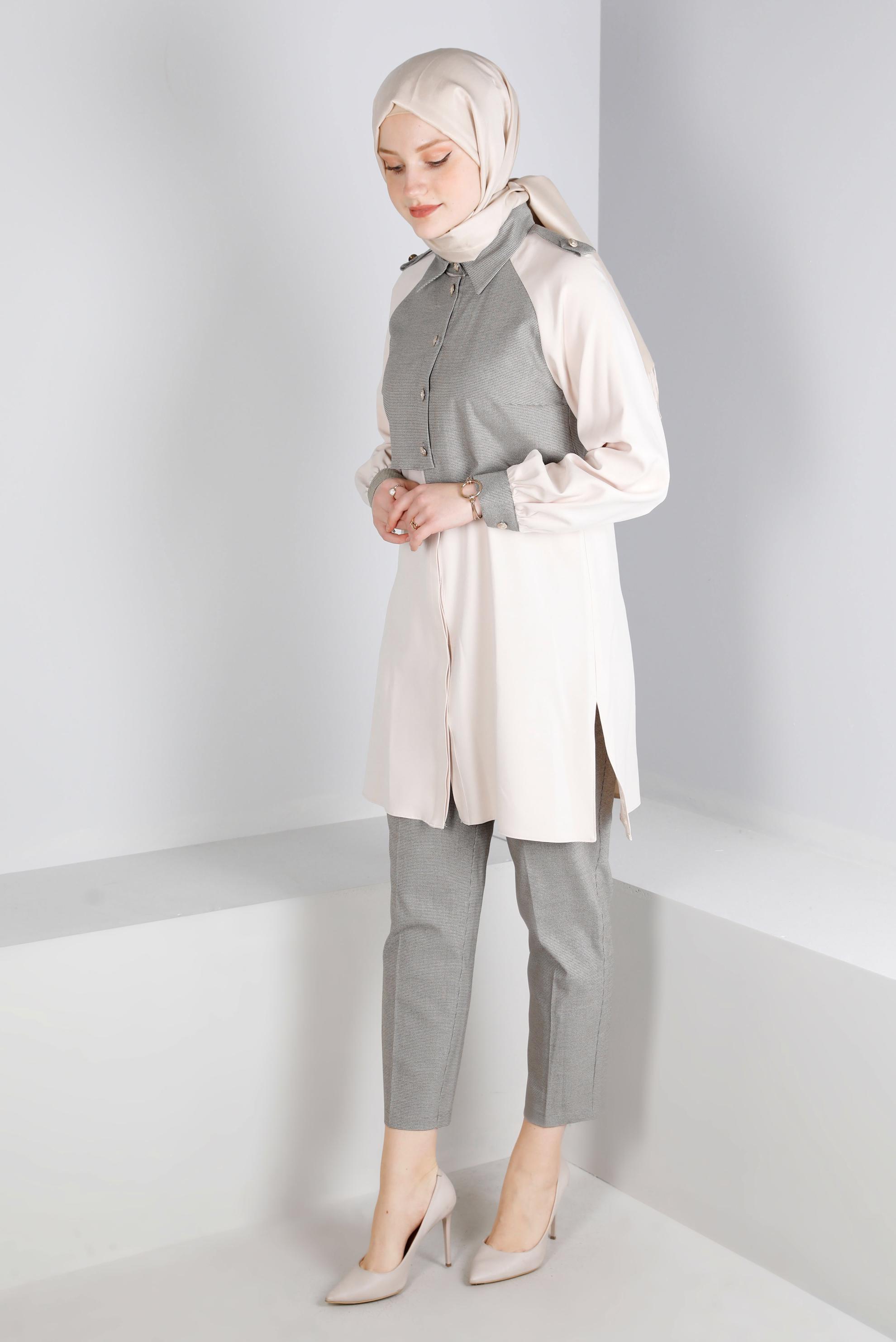 Tesettür giyim VİZON İKİ RENKLİ DÜĞMELİ İKİLİ PANTOLONLU TAKIMI 43325
