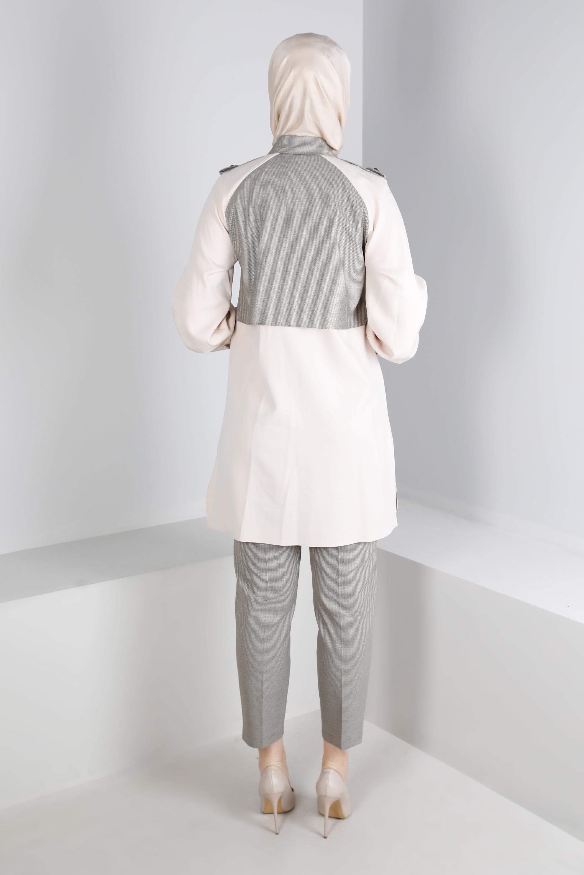 Tesettür giyim VİZON İKİ RENKLİ DÜĞMELİ İKİLİ PANTOLONLU TAKIMI 43325