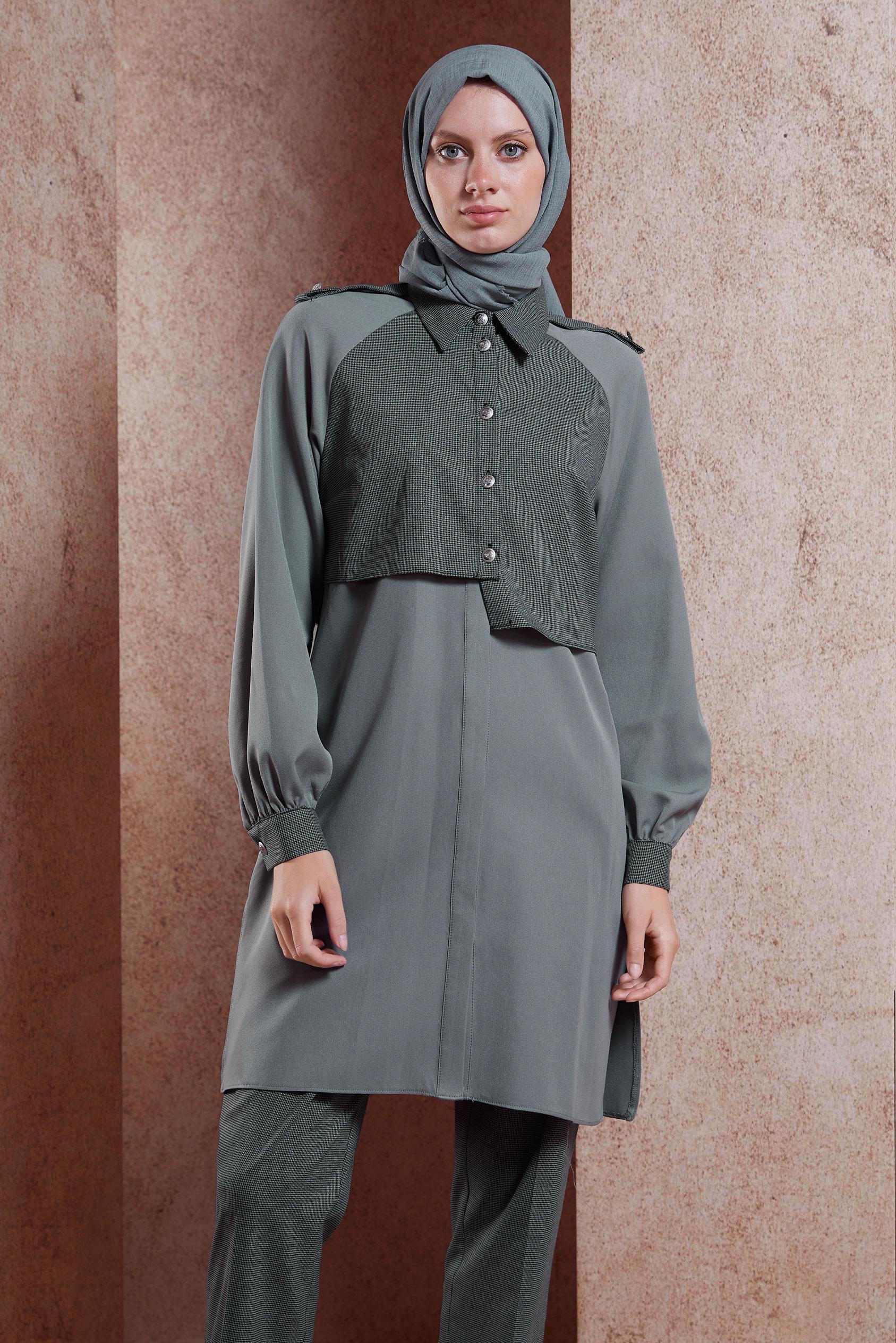 Tesettür giyim GRİ İKİ RENKLİ DÜĞMELİ İKİLİ PANTOLONLU TAKIMI 43325