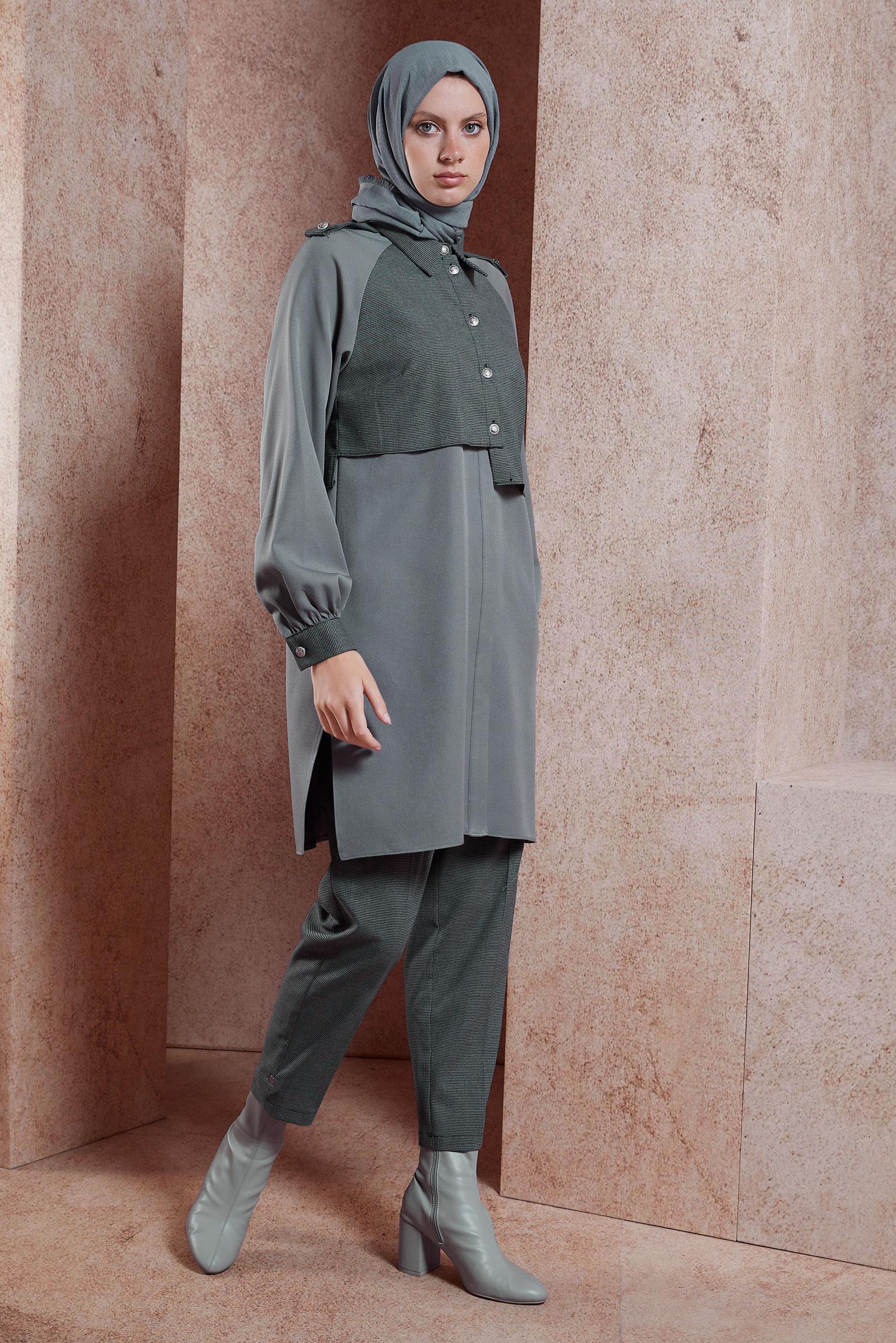 Tesettür giyim GRİ İKİ RENKLİ DÜĞMELİ İKİLİ PANTOLONLU TAKIMI 43325