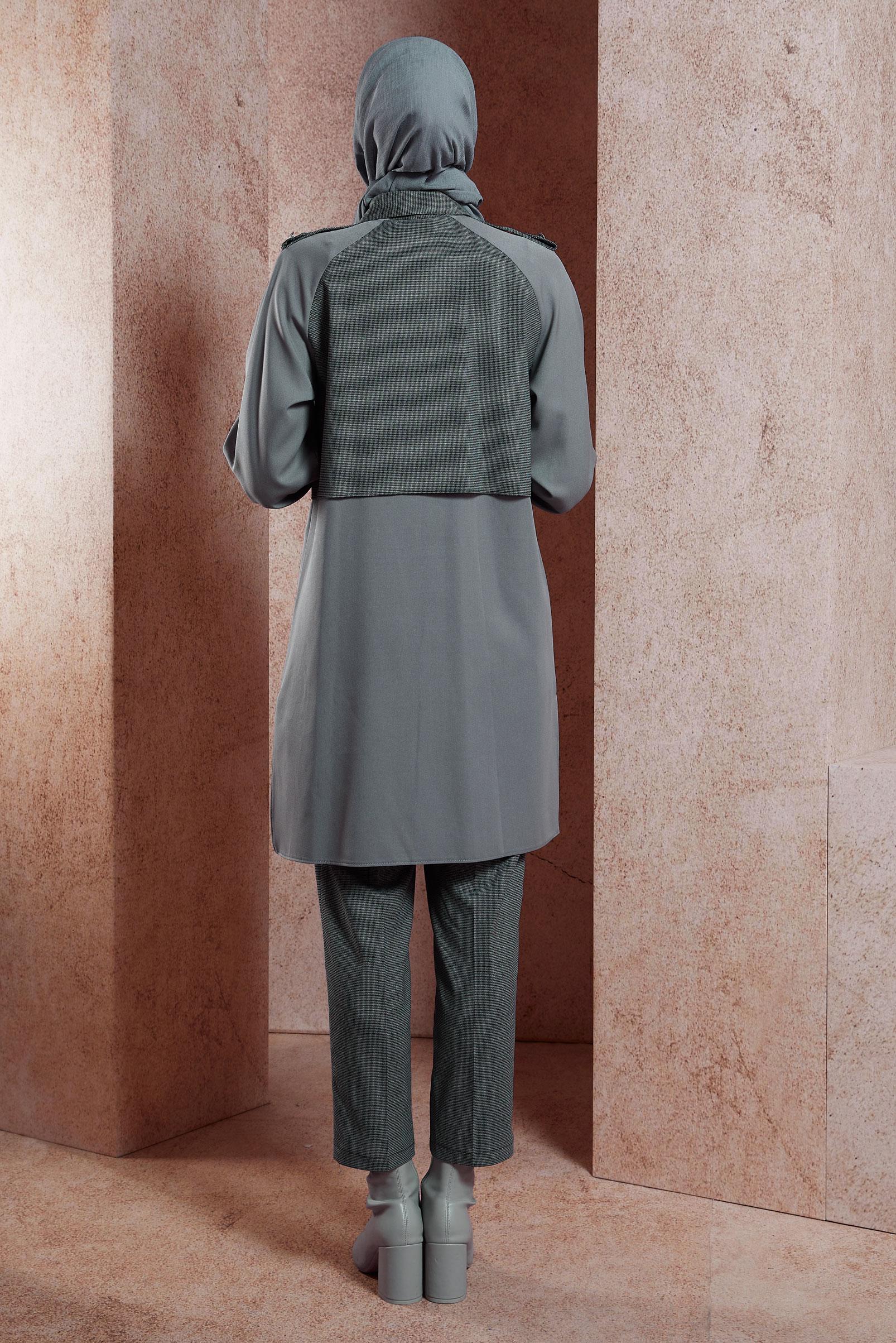 Tesettür giyim GRİ İKİ RENKLİ DÜĞMELİ İKİLİ PANTOLONLU TAKIMI 43325