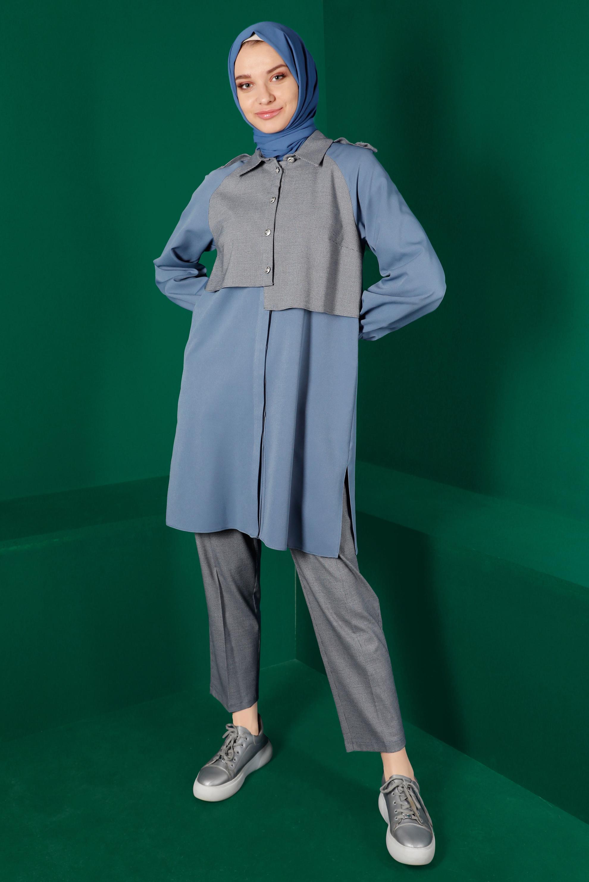 Tesettür giyim LACİVERT İKİ RENKLİ DÜĞMELİ İKİLİ PANTOLONLU TAKIMI 43325