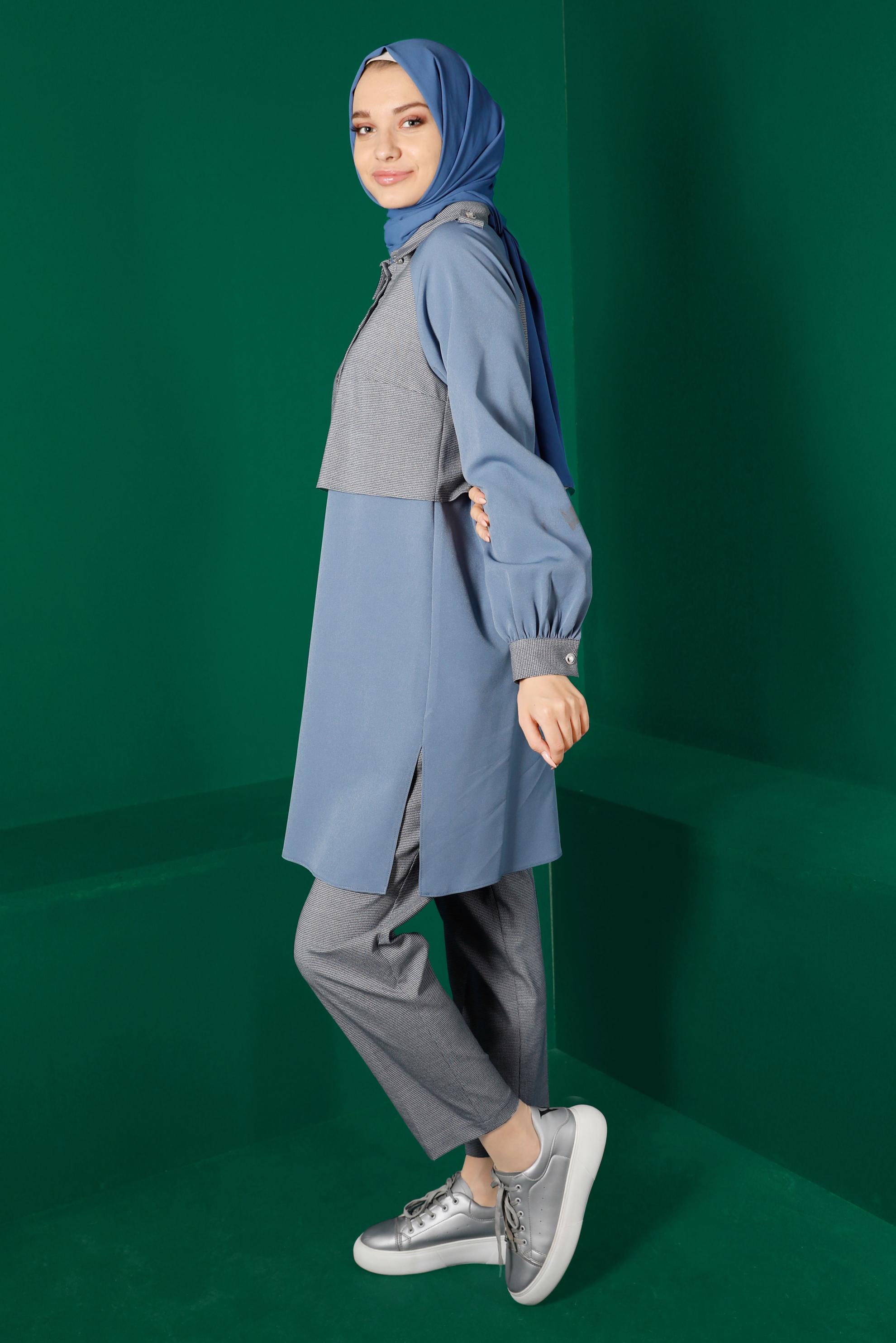 Tesettür giyim LACİVERT İKİ RENKLİ DÜĞMELİ İKİLİ PANTOLONLU TAKIMI 43325